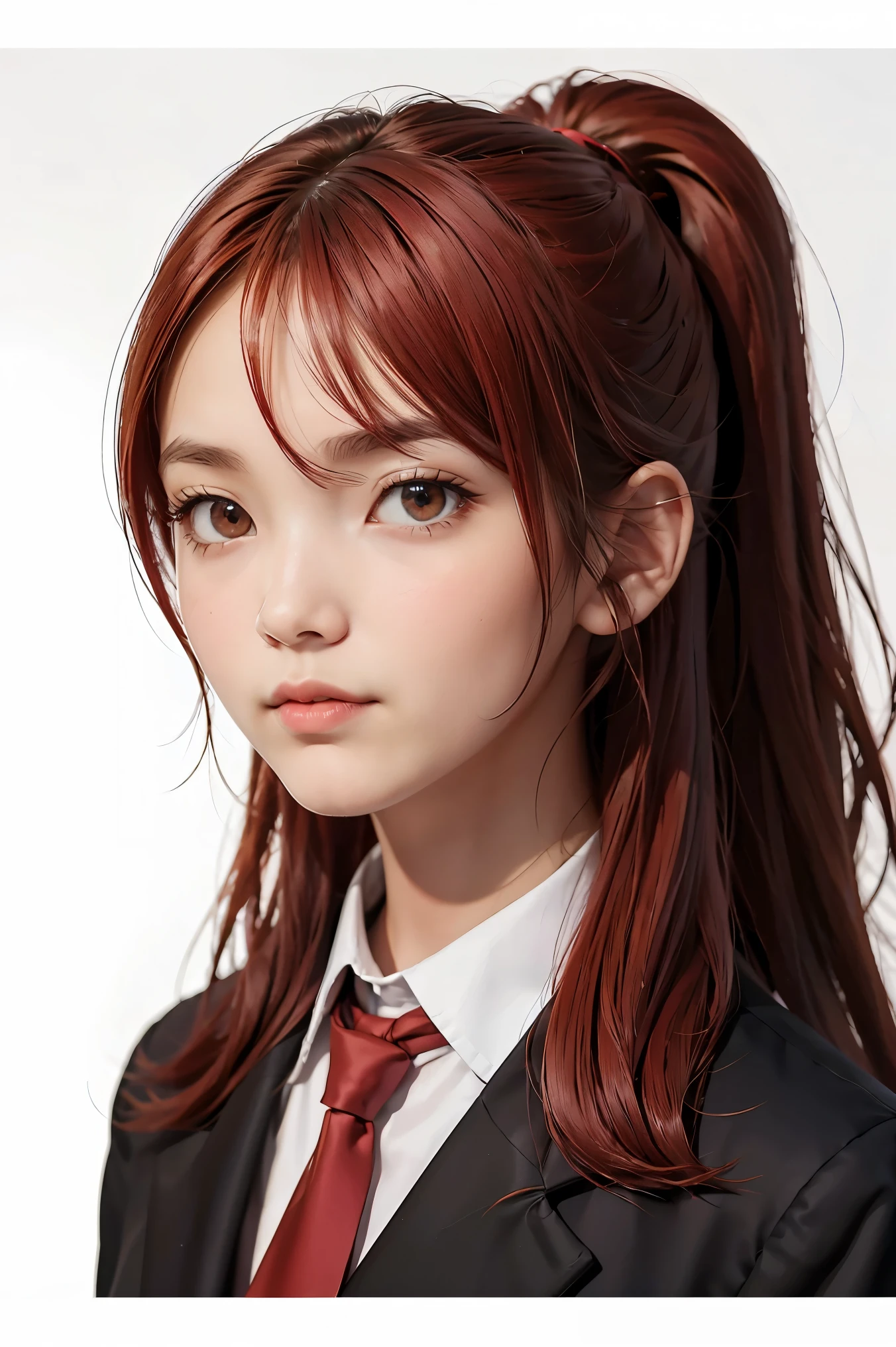 masterpiece, best quality, diluc (genshin impact), 1girl, female focus, red hair, red eyes, long hair, solo, simple background, white background, hair between eyes, bangs, closed mouth, ponytail, sparkle, looking at viewer, antenna hair, cropped shoulders, shirt, jacket, portrait, black shirt, necktie, collared shirt