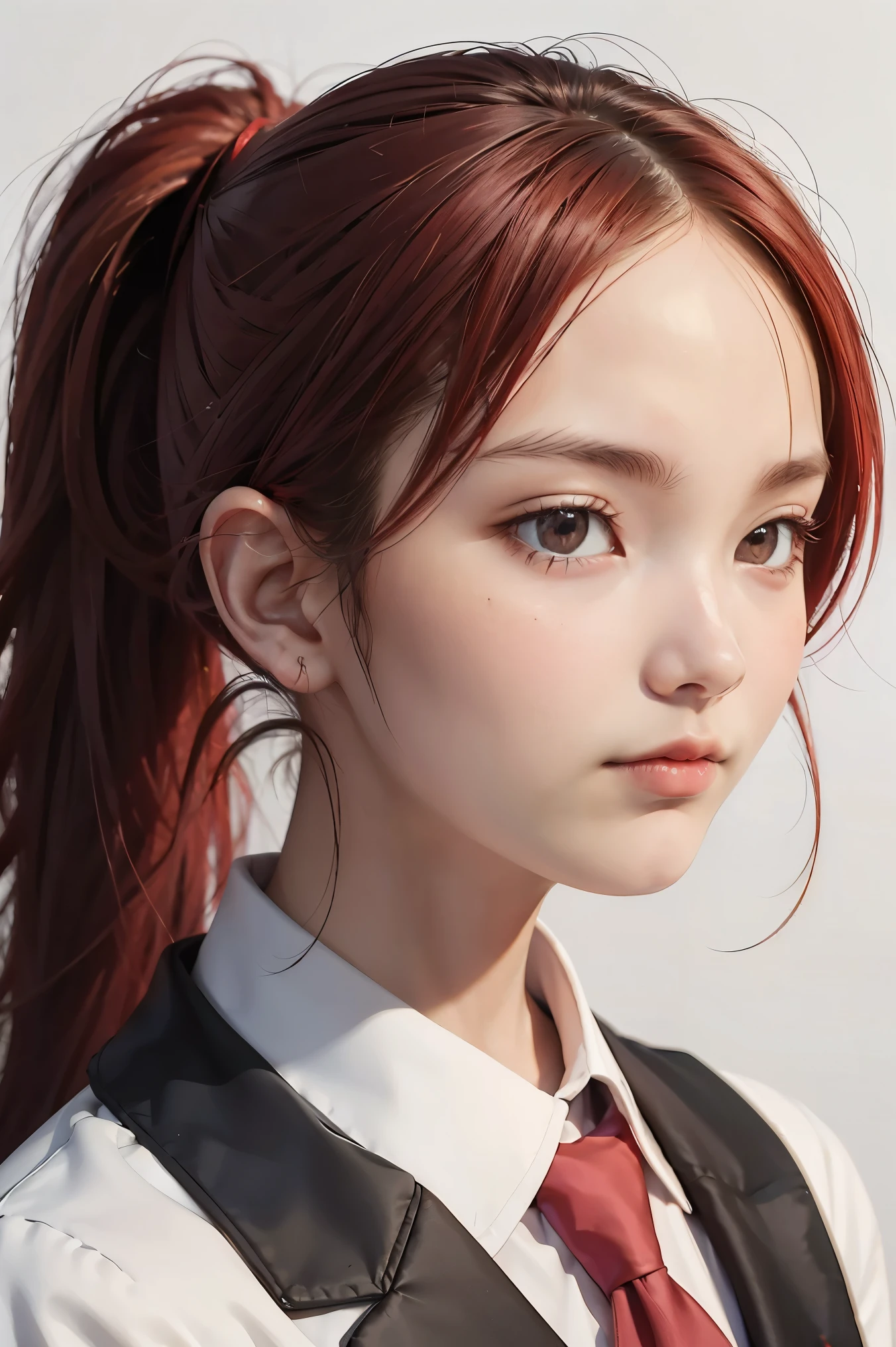 masterpiece, best quality, diluc (genshin impact), 1girl, female focus, red hair, red eyes, long hair, solo, simple background, white background, hair between eyes, bangs, closed mouth, ponytail, sparkle, looking at viewer, antenna hair, cropped shoulders, shirt, jacket, portrait, black shirt, necktie, collared shirt