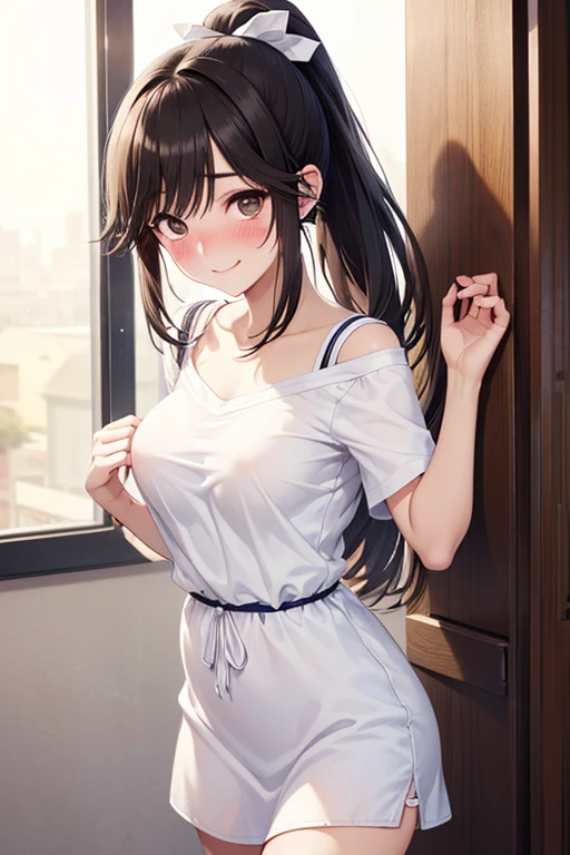 ((masutepiece, Best Quality, hight resolution, nffsw, Perfect Pixel, 4K, nffsw, nffsw))), 1girl in, Single, Solo, Beautie、full body seen、 ((Middle Wave Hair, Bangs, Brown hair)), ((Brown-eyed, Beautiful eyelashes, Realistic eyes)), ((Detailed face, Blushing:1.2)), ((Smooth texture:0.75, Realistic texture:0.65, Photorealistic:1.1, Anime CG style)), medium breasts, Dynamic Angle, Perfect body, White tennis wear, Shirts with short sleeve collar、pleatedskirt,breasts looking、(no-bra)、、, tennis coat、during daytime、all-fours、Looks Back、Transverse breasts、Very embarrassing panic smile、(Pink lace panties)、
