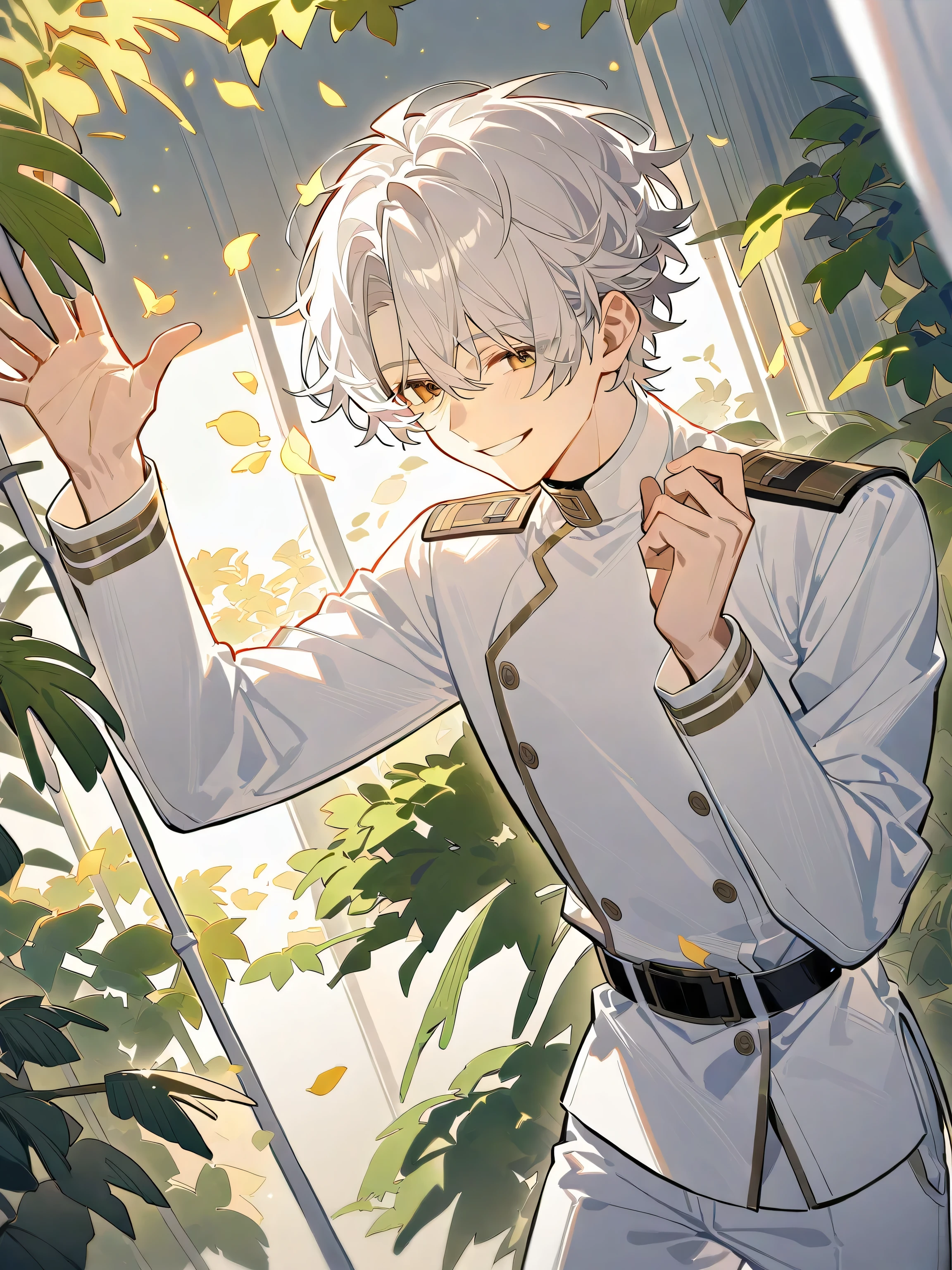 Smiling single, Short Hair , A man with white short hair , has a handsome face standing in a white stand-up collar tunic 、 Handsome face with long sleeves and white pants