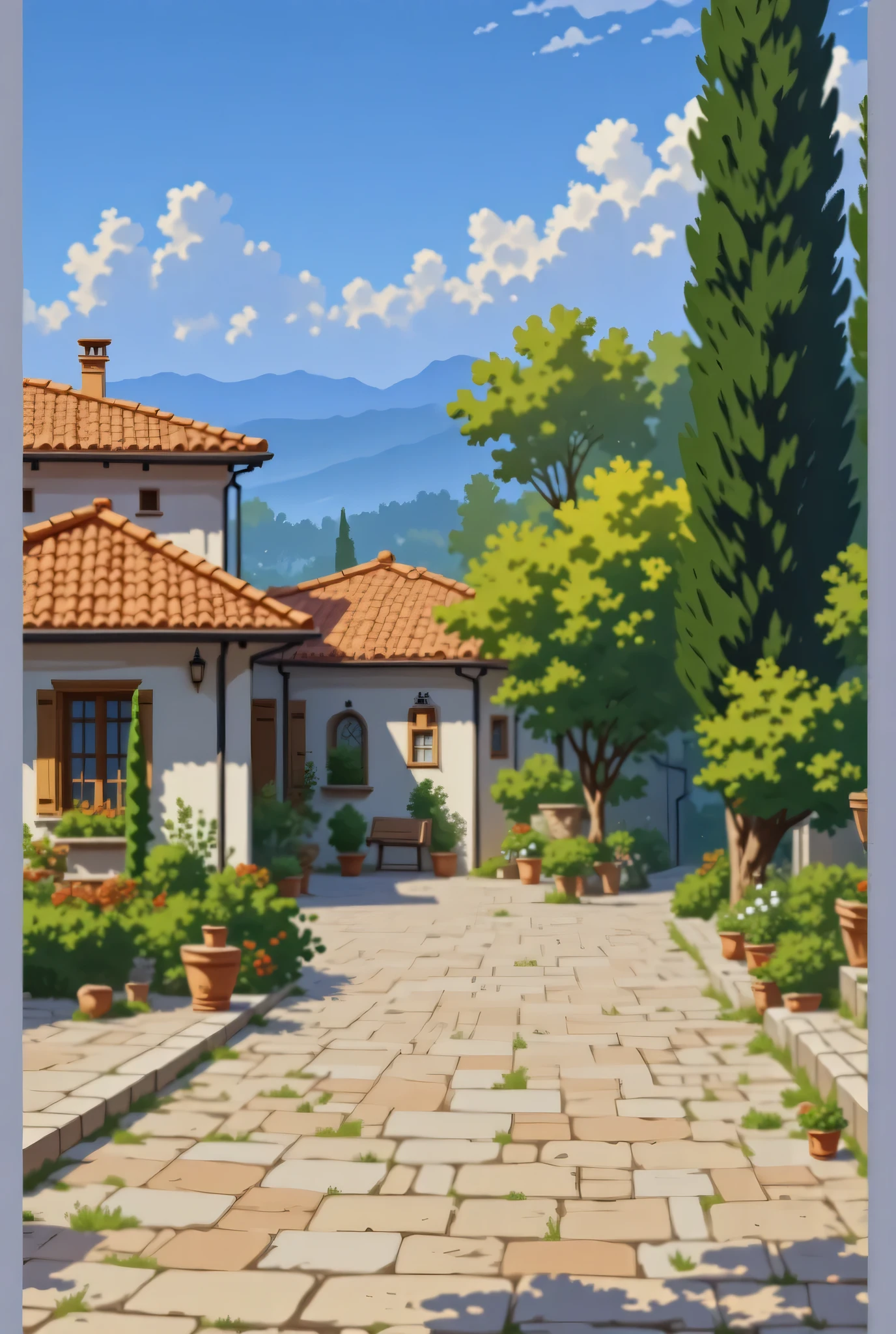 A one-story Italian villa, white with an orange roof, is located. Cypress trees grow on the right. The area in front of the house is paved with tiles.