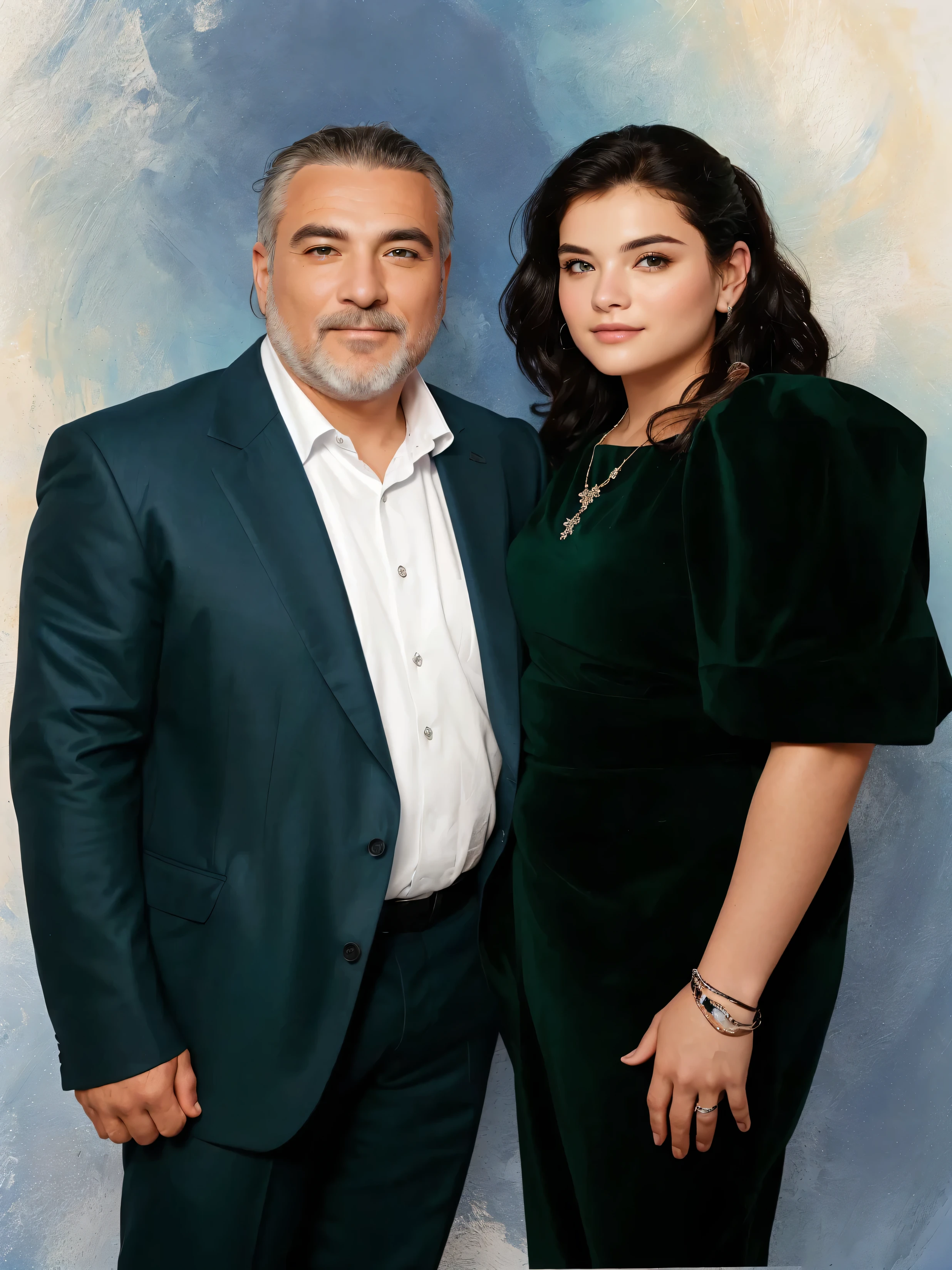 Man and woman posing for a photo on a blue background,  photographic photo, extreme quality ,  Maximum detail,  highest quality,  Masterpiece , 8k,  detailed hair 