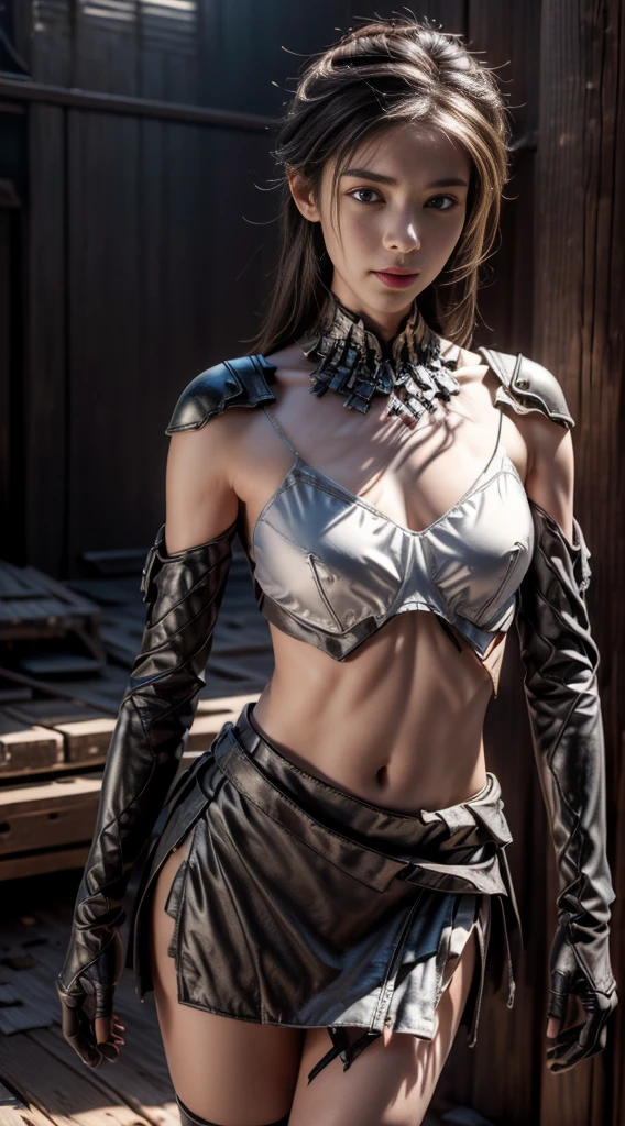 A girl in bikini armor,Exposing sexy belly,Gorgeous shoulder armor,metal breastplate,Metal pants,Low Rise,Seven-point lens,Looking at the camera,With a slight smile
