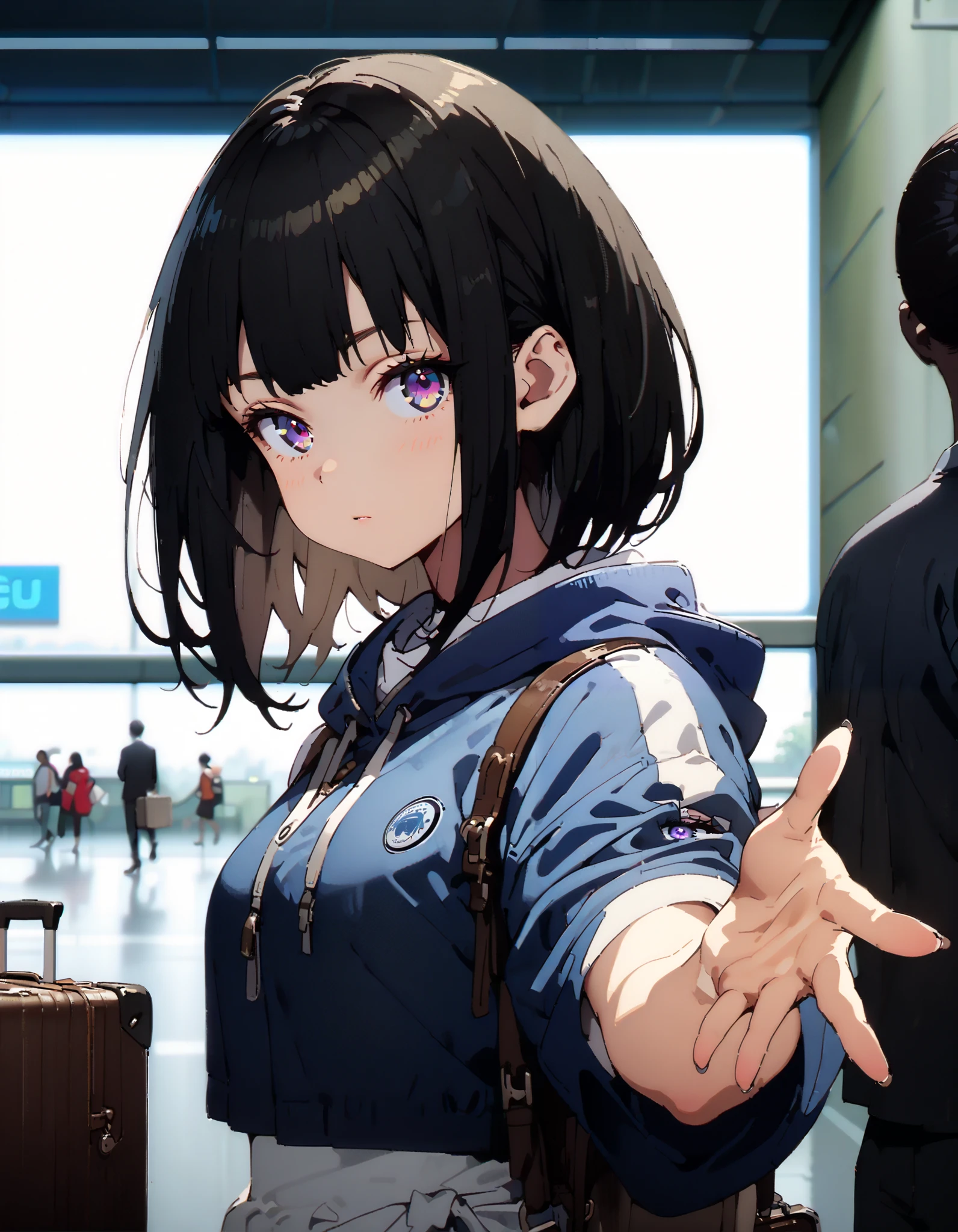 Takiuchikami, check it out, long short hair , bob cut, bangs, black hair, purple eyes,Medium breast,Blue oversized hoodie , white long skirt, Bbo~, suitcases, standing,whole bodyがイラストに入る入るように,
break indoors,airport,lobby,
break looking at viewer,whole body,
break ( Masterpiece:1.2), top quality , kampala, Unity 8k Wallpaper,(shape:0.8),( fine, beautiful eyes :1.6),It's a person ,whole body写真,CG Details , ( perfect hands, Complete Anatomy),