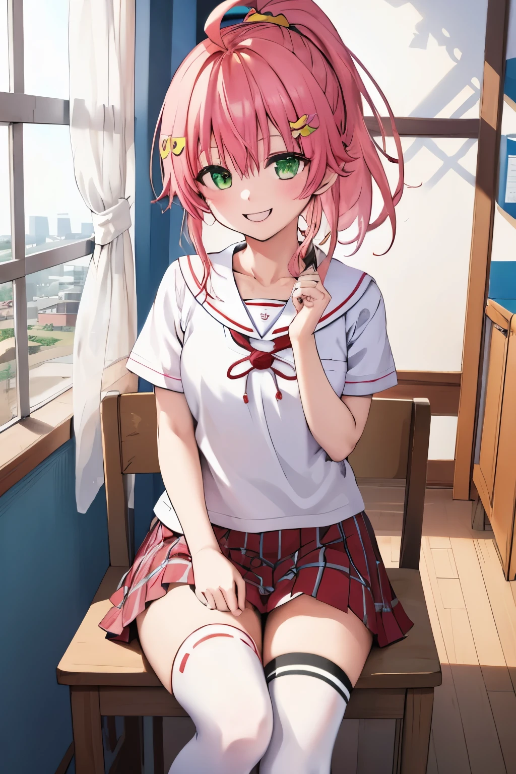 masterpiece, best quality, 1 girl, solo, MikoSchool, ahoge, ponytail, hairclip, , white shirt, sailor_collar, pink_skirt, plaid, thighhighs, short sleeves, looking through legs,smile,teeth,