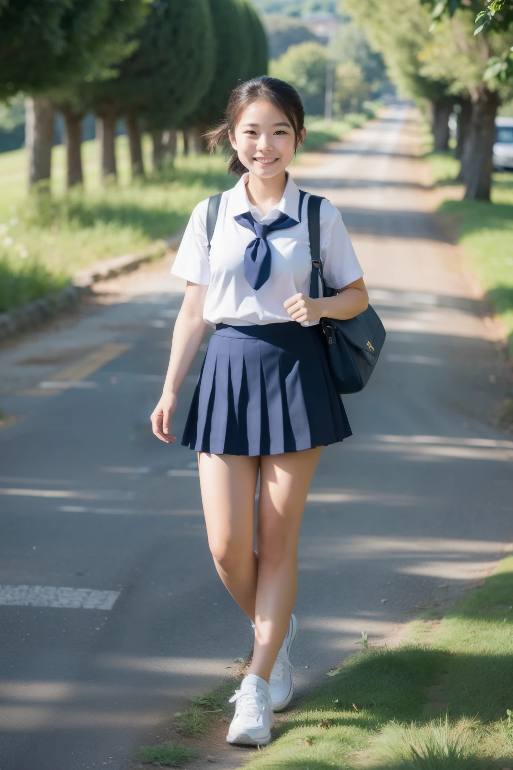 (ultra best quality、8K、masuter piece、delicate illustration、full body Esbian)、Very cute Japan girl about 10 years old、Infant body type, （Student uniform 1.3）、huge smile、black twin-tails、run in the schoolyard
