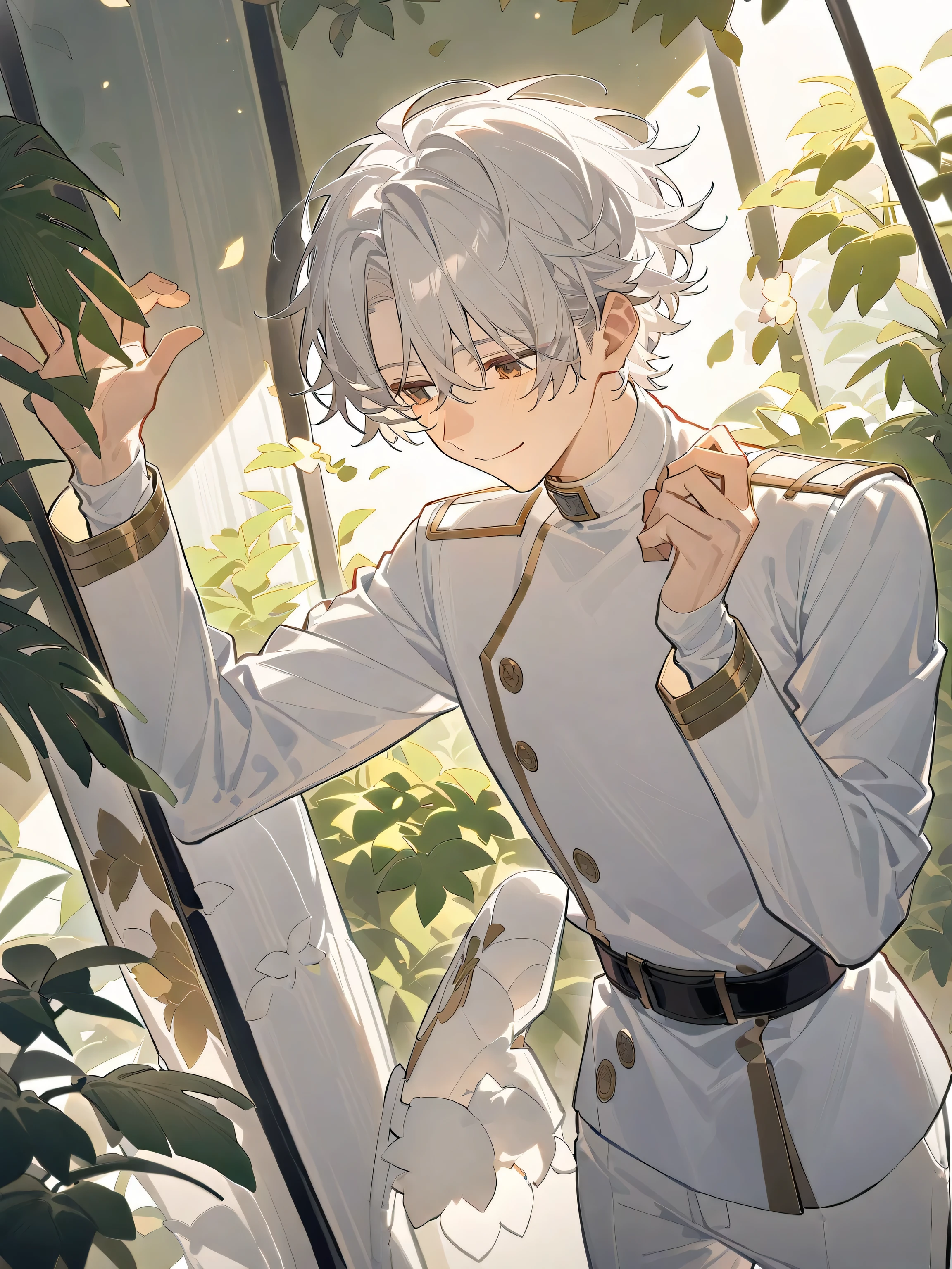 Smiling single, Short Hair , A man with white short hair , has a handsome face standing in a white stand-up collar tunic 、The handsome face, dressed in long sleeves and white pants, looked down, gentle