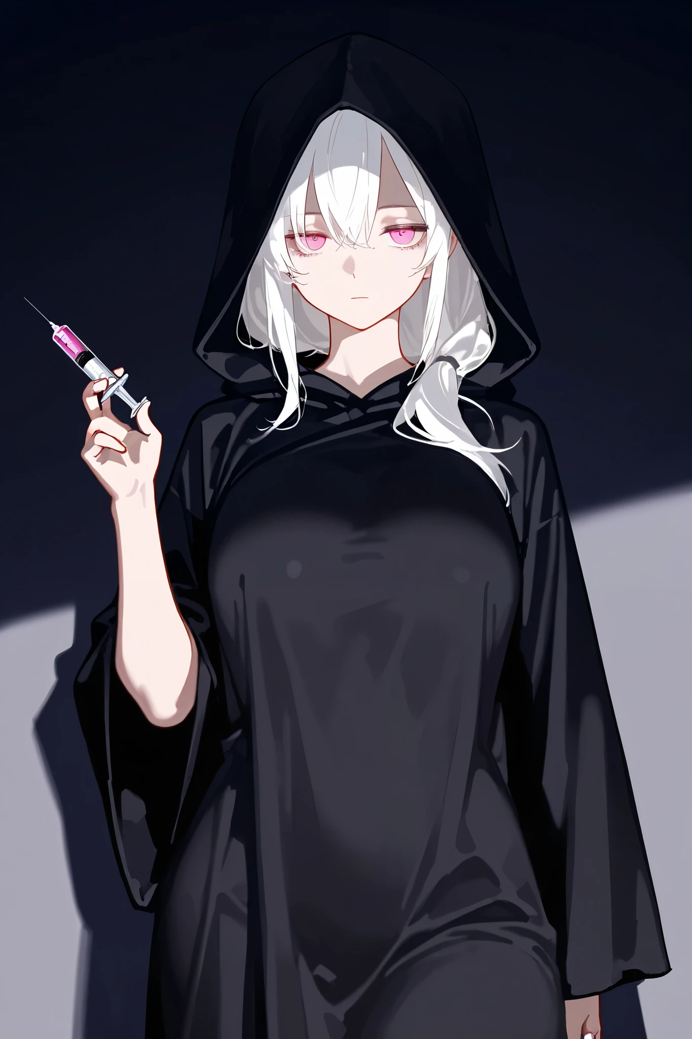 best quality, masterpiece,highest resolution, 1girl, white hair, expressionless, black robe, dark room background, holding syringe, pink eyes, hood, mature