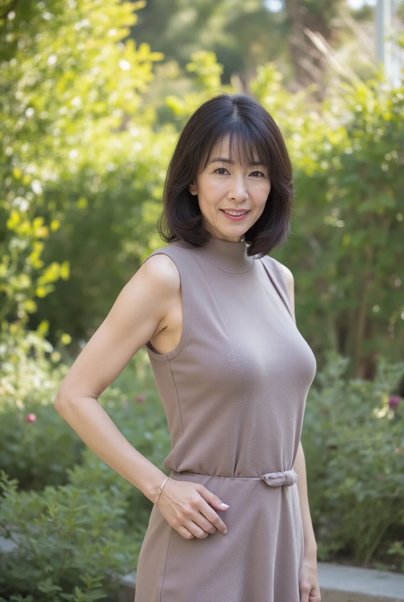 Beautiful middle-aged woman standing in a park (48 years old: 1.4), ( face), wavy dark hair ,Slender and long legs, fine laugh lines: 1.2, and a bewitching smile . 。 sharp facial details , amazing beauty (Ultimate beauty), It features 、 (lipstick: 1.1), ( eyeliner: 1.2), mascara, and eyeshadow . model exudes elegance and confidence , Large garden nearby and high resolution , photo by Nomi quality ( by Nomi: 1.2, hyper by Nomi: 1.1, photo by Nomi: 1.37), Unmatched Beauty Live Venue, and formal aesthetics (1.4). The image is rendered with sharp focus (1.4), allows depth of field, and physical base rendering . Each fashion pattern has sophisticated seasonal styling, 。 The image exudes clarity and refinement 。Moss colored turtleneck sleeveless knit dress, with makeup including a blurred abstract background 、 reflects quiet refinement .The face of motherhood。