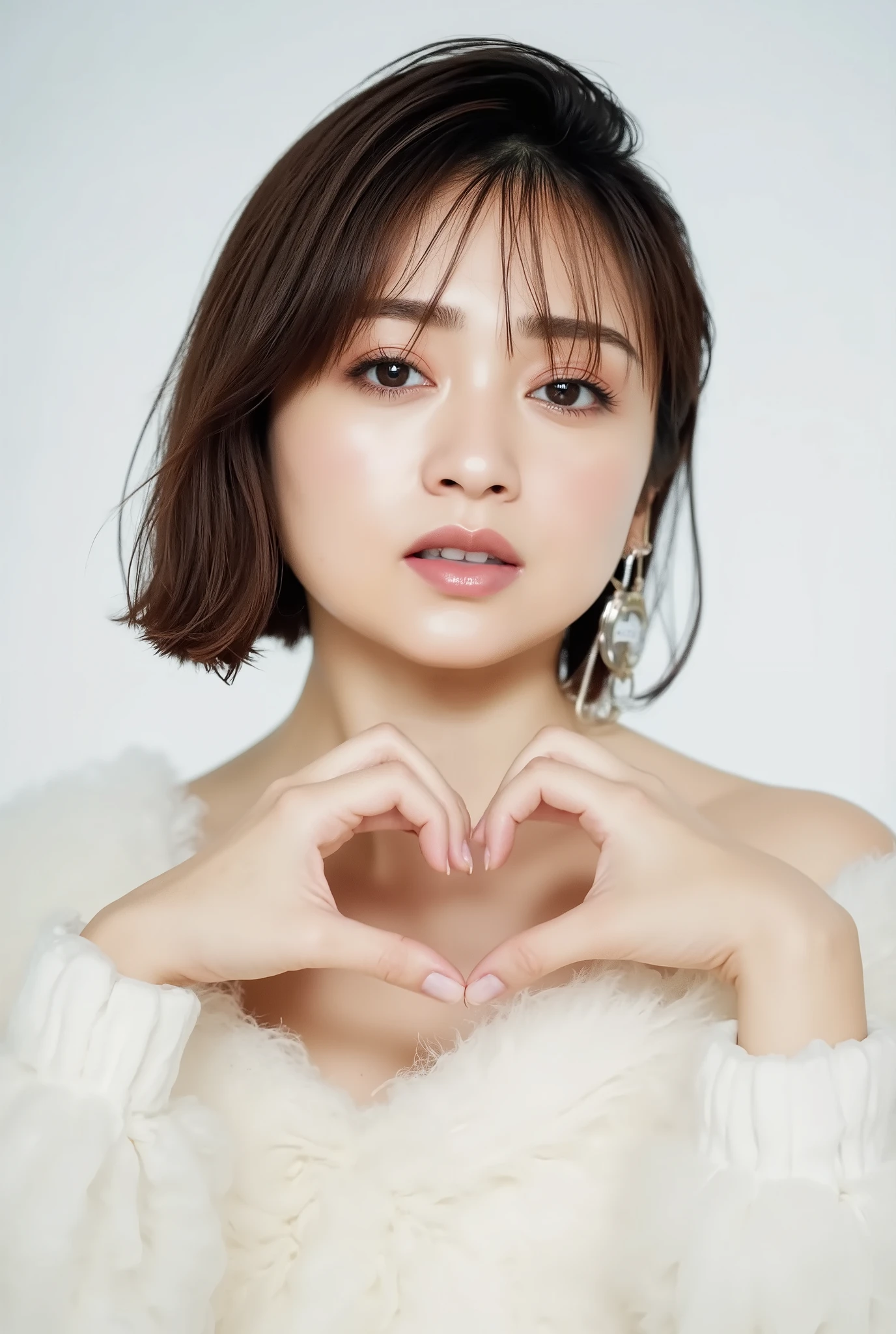 A woman with a cute smile is cute, fluffy off shoulder pajamas, make a big heart with both hands , posing with arms in front of the chest, View above the collarbone、 has a monotone background