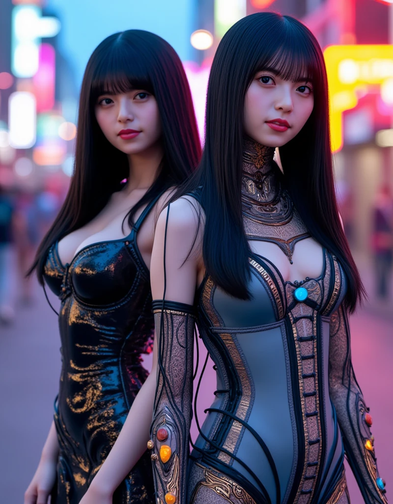 A beautiful Japanese girl with a very large bust、Silver long hair、Small face、Bust I Cup、tall、Red and silver bodycon mini dress、Bag Panties、Downtown at night、Two friendly beauties
