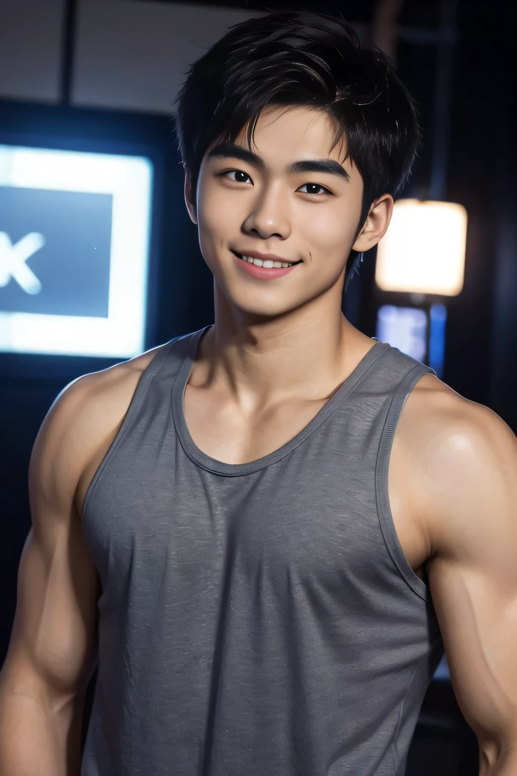 Japanese men、He looks bold but young、low length、Muscular、Fine skin、Showing off some flashy and revealing boxer briefs、Is making a fist pump、Iris、Short black hair、While smiling、Dimly lit locker room while changing clothes、The whole body is visible