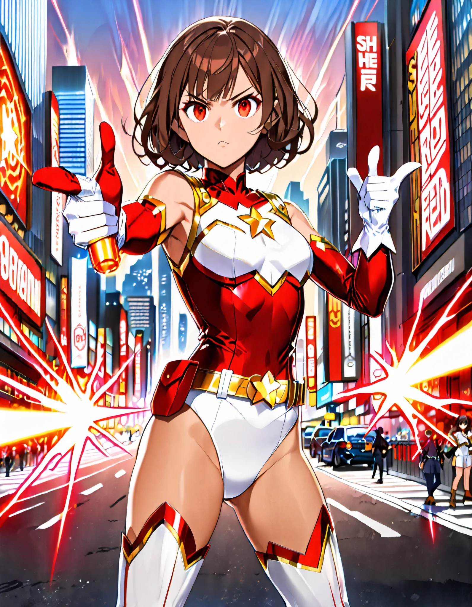 (masterpiece), (best quality), (high res), medium breasts, finger proportions coordination, cute and attractive woman, ((leotard, white and red leotard, matching leotard, sleeveless, bare legs)), ((high-waisted belt, tight belt, gold belt)), ((boots, matching boots, ankle-high boots, white boots)), ((gloves, white gloves)), city backdrop, tokyo, city street backdrop, solo, solo focus, standing, (full body), cowboy shot, superhero, ((beautiful detailed eyes)), ((gold star symbol on chest)), (brown hair, medium hair, bob hair, purple eyes), (perfect hands, perfect anatomy), cowboy shot, superhero, ((beautiful detailed eyes)), full body costume design. ((finger gun, she shoots red energy beams from her hands:1.4))