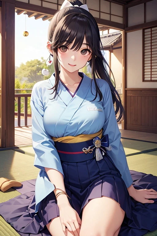 (High quality, High resolution, Fine details), BREAK streaming sunlight through bamboo grove, BREAK indigo kimono, solo, curvy women, sparkling eyes, (Detailed eyes:1.2), smile, blush, Sweat, Oily skin, shallow depth of field, soft pastel colors, peaceful stillness