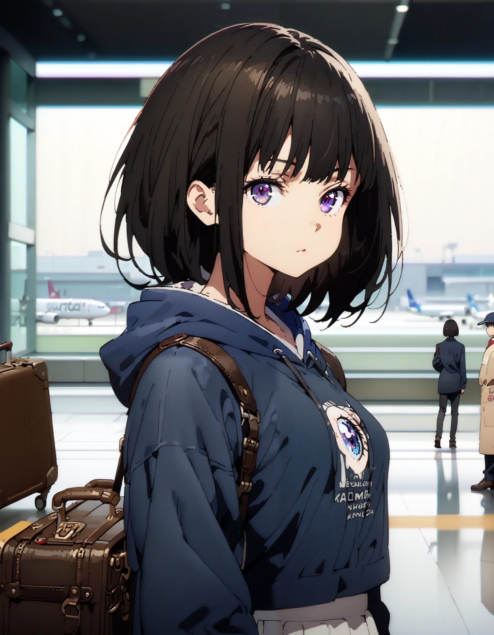 Takiuchikami, check it out, long short hair , bob cut, bangs, black hair, purple eyes,Medium breast,Blue oversized hoodie , white long skirt, Bbo~, suitcases, standing,whole bodyがイラストに入る入るように,
break indoors,airport,lobby,
break looking at viewer,whole body,
break ( Masterpiece:1.2), top quality , kampala, Unity 8k Wallpaper,(shape:0.8),( fine, beautiful eyes :1.6),It's a person ,whole body写真,CG Details , ( perfect hands, Complete Anatomy),