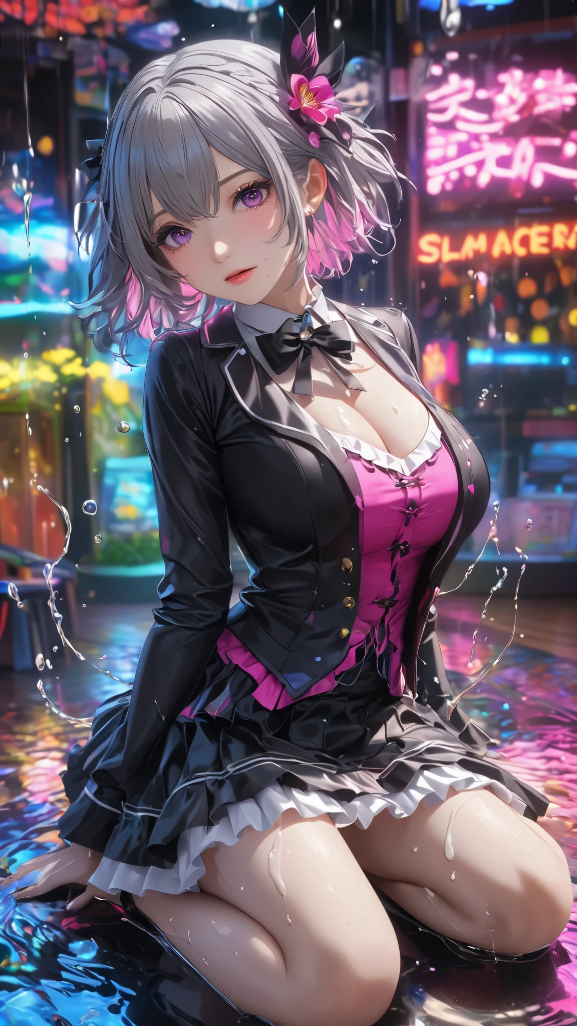 woman, ray tracing , Masterpiece, top quality, Clothes Details , Absurd Details, best light on the side, sharp, sharp image, ultimate, Details, extremely Details, Hi-Res, 16k, 超 Hi-Res, Particle Effect , Beautiful Effects, vibrant colors, neon light on the side, neon , light on the side, close-up、 Super Big Breasts :1.5、 big butt、 Long Sleeve、 stockings、 perfect anatomy、 realistic textured face and skin、Gray Hair、 photorealistic、pink gothic ta :1.3、micro mini pink skirt、sit flat on the floor with one's legs bent backwards、 soaked、 close-up、Degrees of Freedom:1.5、Overhead shot、 low angle:1.3、Action Motion、 pink shirt、(顔に飛び散る semen、 bukkake:1.5、White dirty face 、White splashes、 ahegao、 climax、エクスタシー顔、 semen:1.5、大量の semen:1.5、顔に semen:1.5、 semenでドロドロ、 semenまみれ、 soaked)、 soaked