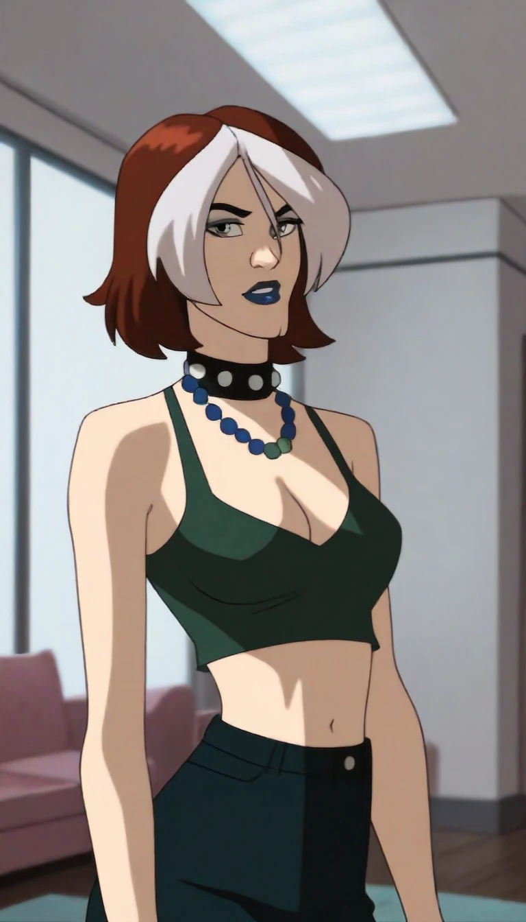 roguegreenEvolution, multicolored hair , 1 , alone, bicolor hair, brown hair, lipstick, Tipped necklace , short hair, makeup, white hair, dyed hair, breasts, shezfe , gray eyes , tiro de cowboy, Room, myrellalimax