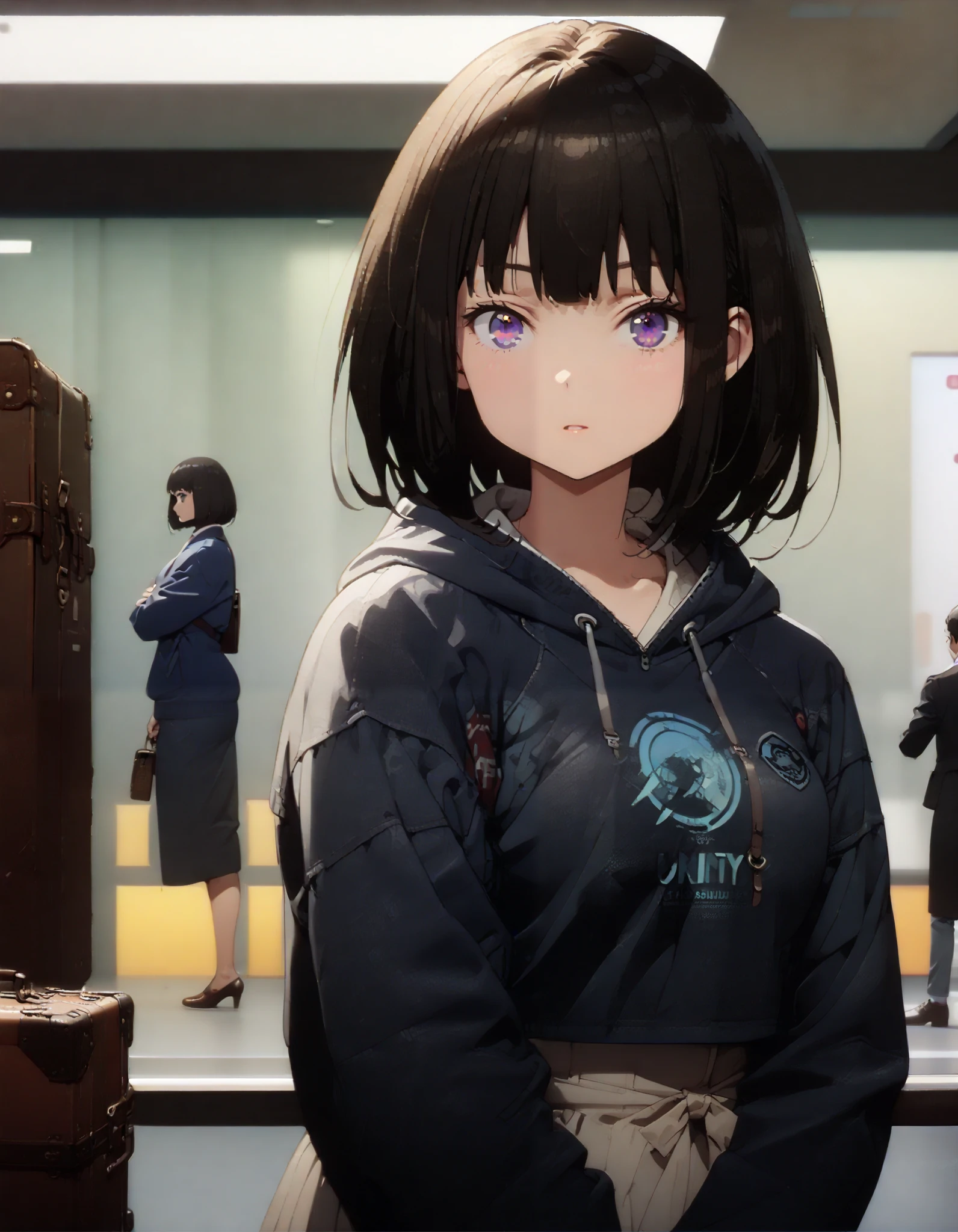 Takiuchikami, check it out, long short hair , bob cut, bangs, black hair, purple eyes,Medium breast,Blue oversized hoodie , Long Skirt, Bbo~, suitcases, standing,whole bodyがイラストに入る入るように,
break indoors,airport,lobby,
break looking at viewer,whole body,
break ( Masterpiece:1.2), top quality , kampala, Unity 8k Wallpaper,(shape:0.8),( fine, beautiful eyes :1.6),It's a person ,whole body写真,CG Details , ( perfect hands, Complete Anatomy),