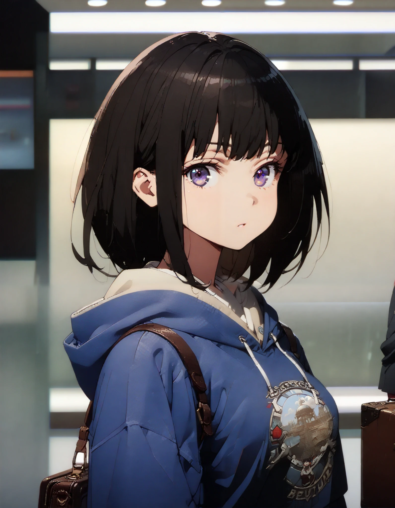 Takiuchikami, check it out, long short hair , bob cut, bangs, black hair, purple eyes,Medium breast,Blue oversized hoodie , Long Skirt, Bbo~, suitcases, standing,whole bodyがイラストに入る入るように,
break indoors,airport,lobby,
break looking at viewer,whole body,
break ( Masterpiece:1.2), top quality , kampala, Unity 8k Wallpaper,(shape:0.8),( fine, beautiful eyes :1.6),It's a person ,whole body写真,CG Details , ( perfect hands, Complete Anatomy),
