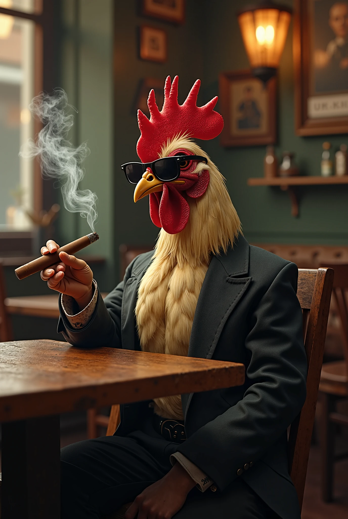 Draw me a chicken wearing a suit, like a gentleman, shaped like a person drinking orange juice and smoking a cigar.