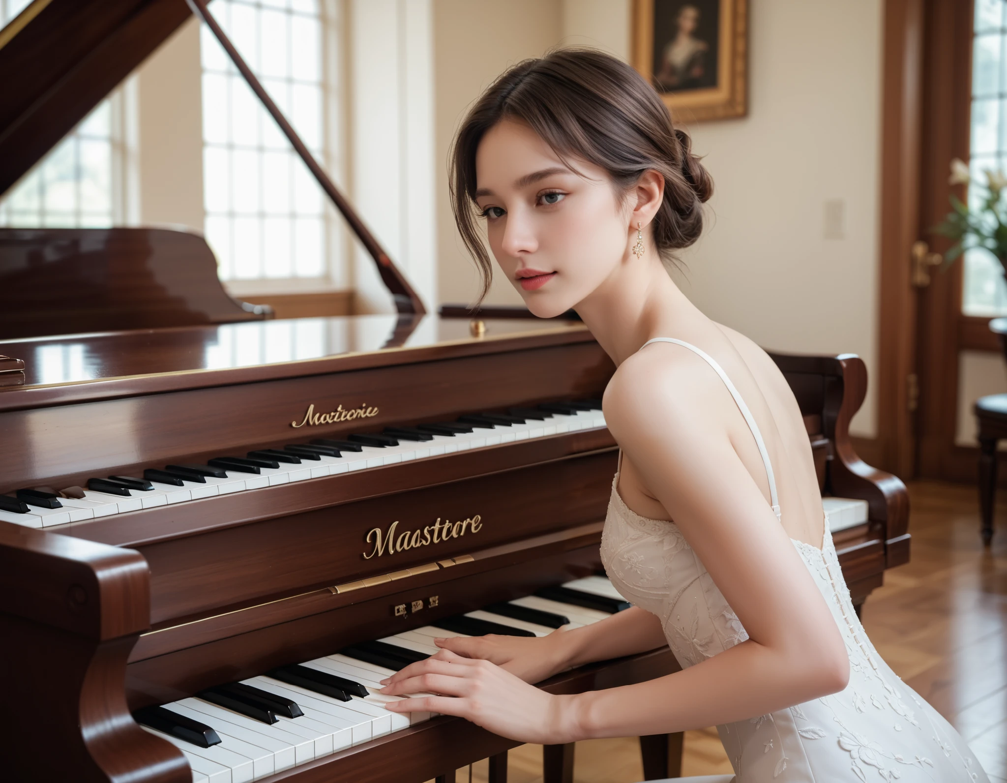 ((best quality)), ((masterpiece)), (detailed), perfect face, ((Best quality, 8k, Masterpiece: 1.3)), Sharp focus A beautiful women with perfect body, Slim abdomen, pianist, playing piano