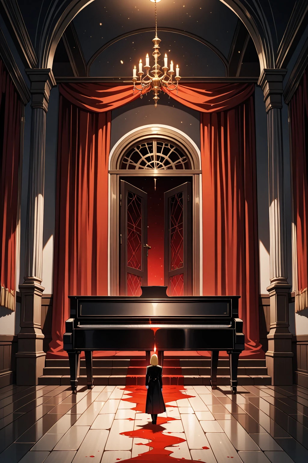 A towering, decaying haunted mansion stands under a moonlit sky, its once-grand façade now cloaked in creeping ivy and eternal darkness. The air is thick with mist, swirling like ghostly tendrils around the cracked stone steps leading to an ominous, half-open door. Inside, the air hums with an eerie stillness—dust particles dance in the pale glow of flickering candelabras, casting long, restless shadows that shift unnaturally along the grand yet crumbling walls. A massive, spiraling staircase dominates the foyer, its wooden steps creaking as if whispering secrets of those who walked them long ago. Gilded portraits of stern-faced ancestors line the corridors, their eyes seemingly following every movement. The tattered velvet curtains sway despite the absence of wind, and the scent of aged books, wax, and something faintly metallic lingers in the air. Further within, a grand ballroom stands frozen in time—a ghostly chandelier flickers erratically above an abandoned piano, its keys occasionally pressing down on their own, filling the silence with discordant, mournful notes. In the distance, the sound of faint footsteps echoes through the empty halls, growing closer before vanishing into nothingness. The overall atmosphere is one of eerie elegance and supernatural mystery, where the past refuses to rest, and every corner holds a lingering presence unseen but deeply felt.