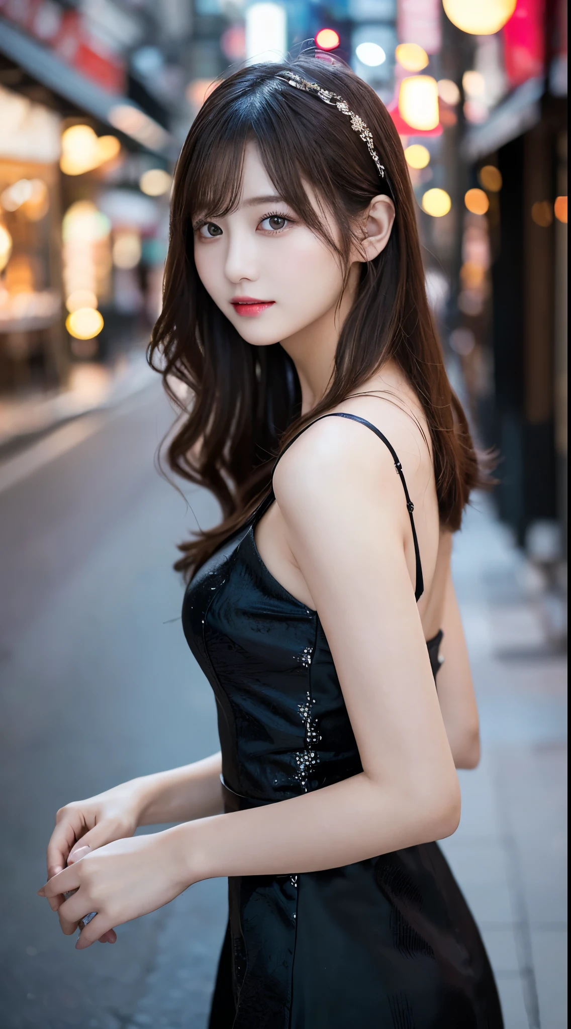 (8k, RAW photo, Best Quality, Masterpiece: 1.4), Ultra HD, (Real, Photorealistic: 1.48), Omertosa, 1 girl, (K-pop idol), (Aegyo: 1), Cute, (Ultra bokeh night city center:1.25), bokeh, night, traffic lights, street signs, rain, after rain, wet, professional lighting, detailed lighting, photon mapping, radiosity, physically based rendering, flowers in black pantyhose , backlighting, depth of field, natural light, hard focus, film grain, 1 meter shooting distance, professional photography, shot with Sony a9 II mirrorless camera, detailed eyes, realistic eyes, detailed shadows, viewer Look, dog ears, detailed lighting, skirt, black skirt, knee socks, black thigh high socks, (detailed hair, realistic hair, realistic lighting, realistic shadows, realistic clothing), realistic skin (gun on waist: 1), realistic light reflection from above, ((arm behind back)), (behind hand), tube top, sexy