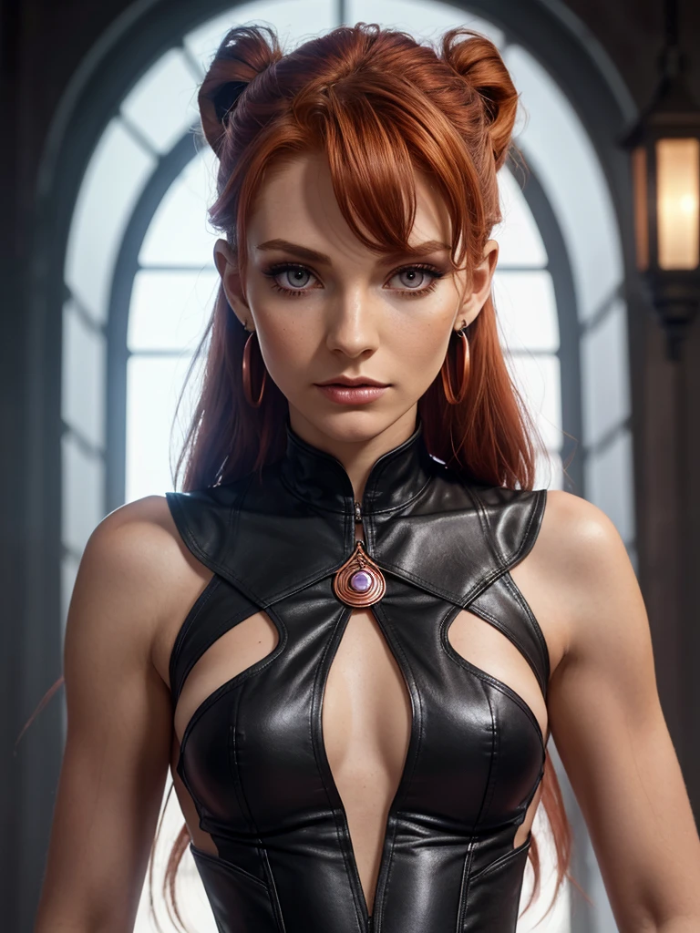 ((piece of master)), ((best quality)), ((cyberpunk lighting)), close up de uma menina, (pele branca dos europeus, olhos grandes, olhos redondos, (olhos verde-esmeralda),((( Cabelos ruivos claros))), cabelos longos e cacheados, mostrando o busto, (decote aparente),(( caniseta branca)), pele perfeita, rosto perfeito, (sarcastic smile), ironia, (bare neck), (bareshoulders) vengeful expression.). She is known as Vendettendetta is her name), geneticamente criado para ser um agente secreto, decidiu se rebelar, and lives to hunt its creators.