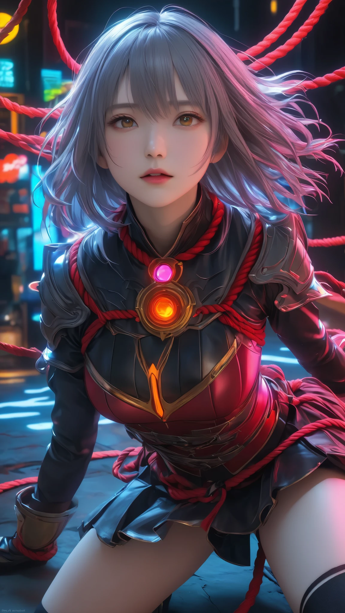 woman、Fusion with Eros, Tattered Armor:1.3、18+、Blood Moon, ray tracing , Masterpiece, top quality, Clothes Details , Absurd Details, best light on the side, sharp, sharp image, ultimate, Details, extremely Details, Hi-Res, 16k, 超 Hi-Res, Particle Effect , Beautiful Effects, vibrant colors, neon light on the side, neon , light on the side, close-up、a flat-chested girl:1.8、 Long Sleeve、 skirt by humili、 stockings、 realistic textured face and skin、 HYPER DETAIL、 effect effect、Overhead shot、Unconventional、Illumination、Gray Hair、Realistic 3D CGI, realistic textured digital art、(( BDSM、Binding、rope、 pee:1.5、 pee)、))、 amazing quality of a bedroom on all fours 、Pink's complementary colors、