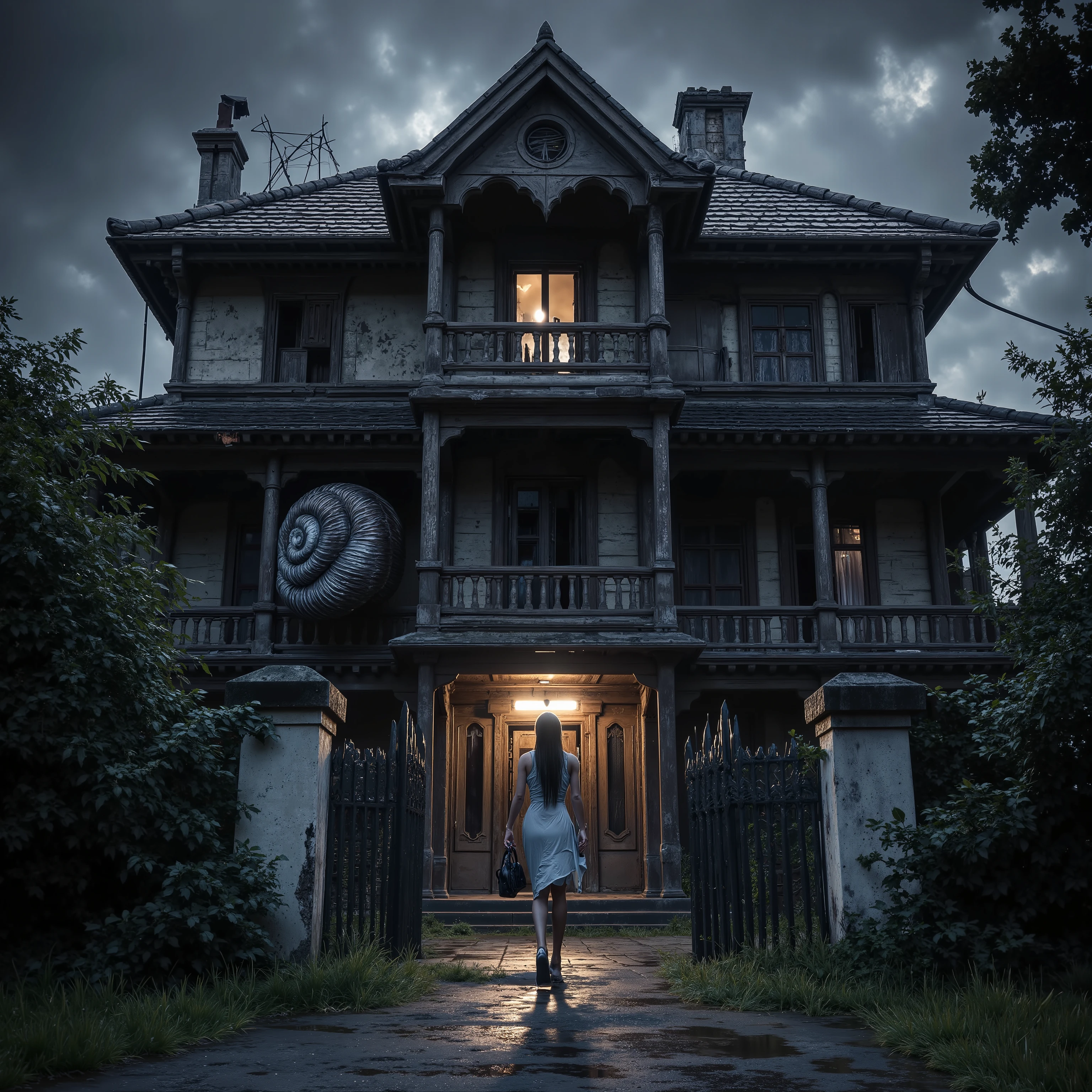 exterior shot of a run down mansion (3 levels, lights off, some windows broken, front door ajar, exterior is nice but weathered and worn, tile roof has minor damage, Higurachi snail shell madness spirals integrated into exterior, one lit room on 3rd floor with shadow looking out, evil shadows, ominous haunted mansion), a scared woman approaches the gates of the mansion out of desperation, it is a dark and stormy night. She is wearing a summer dress and carrying her shoes, she is wet and miserable. Mansion is the primary subject. Highest detail