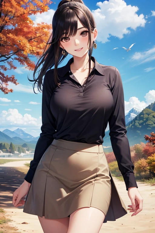 masterpiece, best quality, 1girl, long black hair, green eyes, buttoned shirt, khaki pants, meadow, [houses], sunlight, smile, large breasts