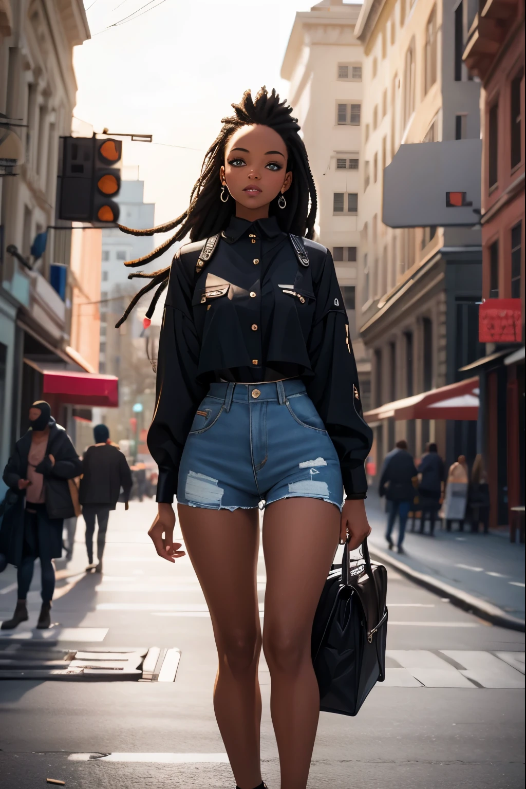((Dark African skin, Very deep ebony skin)), ((Its beauty is undeniable)), ((Excited cute face)), ((Hyper-detailed perfect eyes,)), ((Linda pose)), ((Langue de sortie)), ((seducer )), sexy, (( Nike hoodie, Shorts Sexy Courts)), ((Afro ponytail with long curly African hair,)), (( peau)), (( gros seins )), ((stand up, vue de face)), ((Touchez vos propres jambes dans une pose sexy)), ((dehors, Ville publique)), CGI précis, photoreallistic, High detail, Realstic, шедевр, Absurde, the best quality, Hdr, highly quality, Hi-Definition, extremly detailed, 8k wallpaper, intricate high detail, 8K UHD, FULL HD, (photo realist:1.2), contraste, intense illumination, lighting cinematic, natural light, hard light, contre-jour, Illumination globale, occlusion ambiante, ultra realist