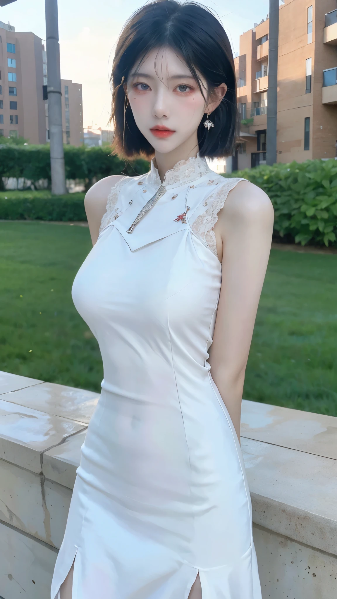 masutepiece, Best Quality, hight resolution,portlate, (((detail portrayal、8K resolution))), (((Beautiful face drawn in detail))),Full Body Angle,Smirking expression、Solo, bright light blue eyes, ((Beautiful silky silver hair、Short Bob、Short-cut hair))、(((Beautiful Ao Dai:1.3、Ao Dai,Beautiful White Ao Dai)))、plein air、Lake Lotus
