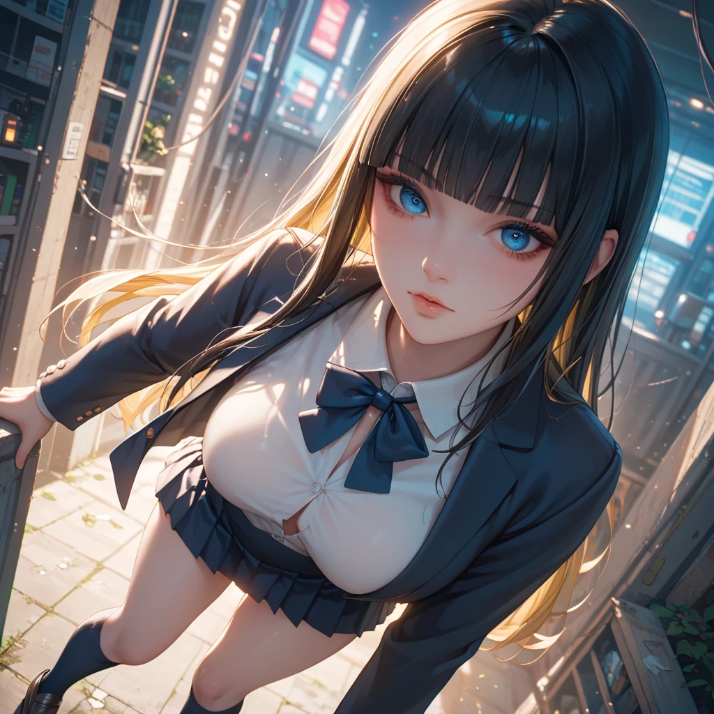 ((black hair))、(yellow inner hair), best quality 、 Masterpiece、( professional lighting without shadows )、(Nipples:0.5), surreal, charming、 figure like a slender supermodel 、 One Girl , (dynamic angle, face focus, looking side), (medium boobs), (Bright, beautiful blue eyes , ((hime cut, long hair))),(blazer , black unbuttoned shirt, (mini tight skirt), high socks, loafer), , ( beautiful face squinting in bright light ), Knee High Socks