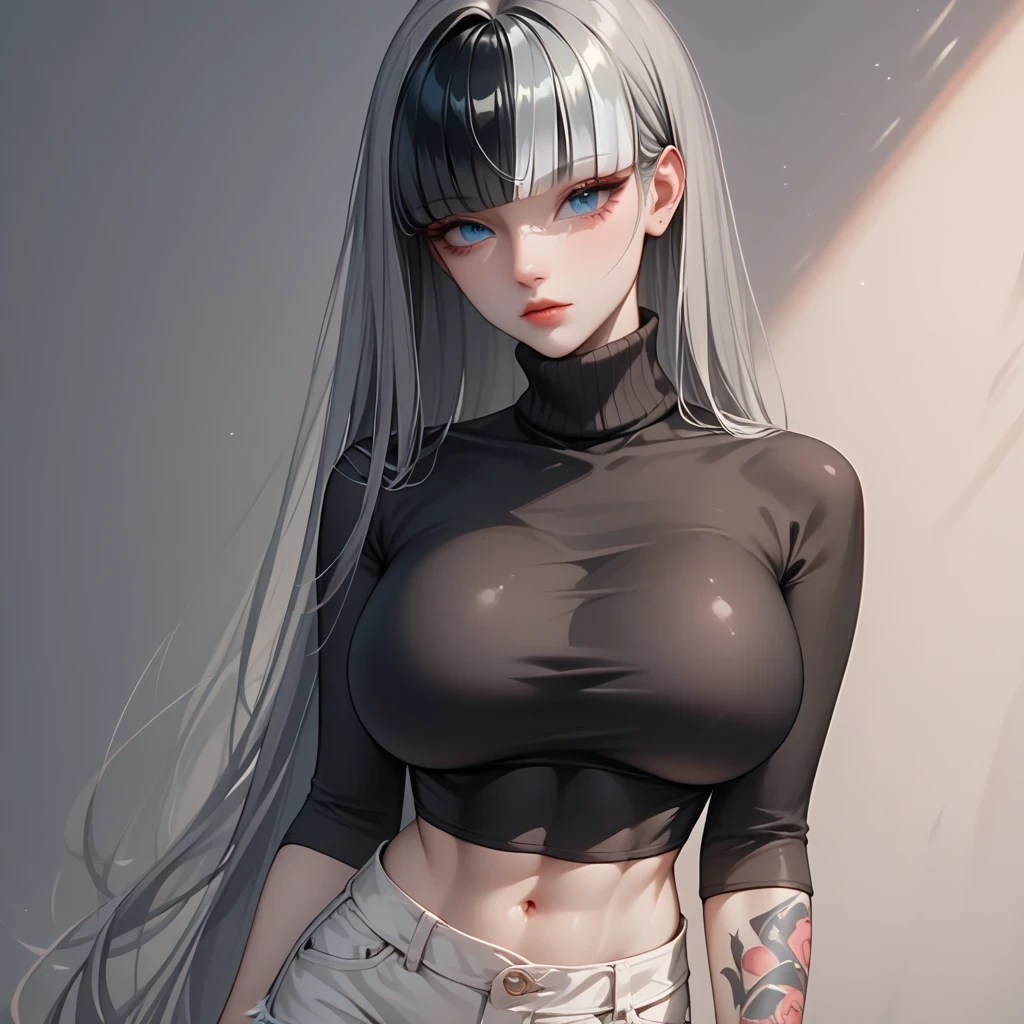 ((Thick gray hair ))、(Black inner hair), top quality 、 Masterpiece、( Professional Lighting )、 surreal, (Nipples:0.4), attractive、 slender supermodel 、 one girl , (from behind, cowboy shot, looking back), ( Slightly Bigger Breasts , midriff peek ), ( flat at honny , Beautiful skin without wrinkles or irregularities ), (Bright, beautiful blue eyes , (( princess cut , layered cut )), ( shorts,(( black tight cropped turtleneck ))) , ( beautiful face squinting in bright light ), ((Black tight cropped turtleneck with tattoos all over the body ))