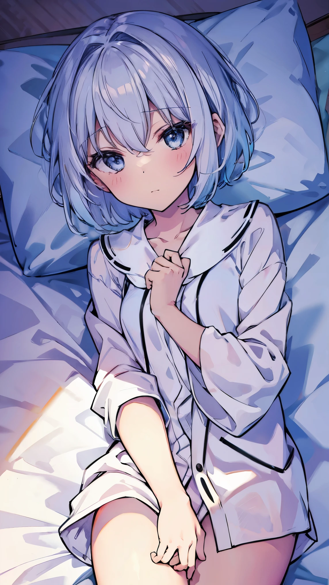  top quality、 Very Short Hair, Silver Hair、(Whitening skin)、 light blue eyes, straight hair,Petite、 Slim, Tiny Breasts , Slim,Japanese-style room,On the futon,Embarrassed, naked shirt,,