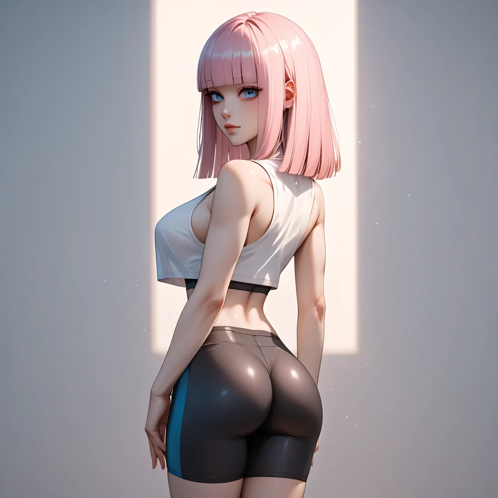 view from side, (masterpiece), best quality, expressive eyes, 1girl, very thin and slim figure, short vibrant red-pink hair with a little ponytail, red-pink eyes, standing upright stright naked , high res, ultrasharp, 8K, masterpiece, anime style, stands upright, stands up straight with a straight back, view from side