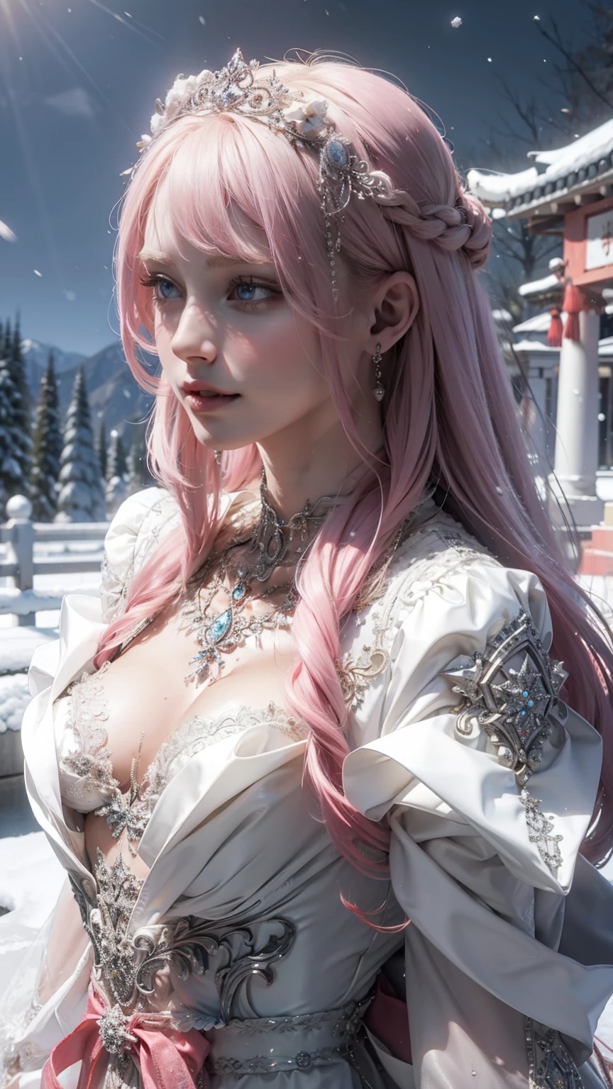 The best piece,Artistically beautiful,lightning,Final Fantasy 13,FF1 pink blonde,Beautiful pink hair,medium hair, curly hair on one side, Letting down your bangs,beautiful blue eyes,Gothic dresses,Photorealsitic,An ultra-high picture quality,hightquality,masterpiece,Digital SLR,Detailed details,Intricate details,Based on anatomical grounds,Depicted in detail,Detailed face,realistic skin textures,Vivid details,perfect anatomia,perfect anatomia,Anatomically correct hand,Anatomically correct fingers,Super Detail,Complex 3D Rendering,Colossal tits,sexy pose,White gold sequin long dress studded with silver,white gold rose hat,white fur coat,Gift Ribbon,More about neon colors,Put it in a nice photo frame and display it,Blue Nails,Beautiful sunset,clear cold sky,Fantastic sunset,beautiful christmas scenery,mysterious snow scene,It's snowing,beautiful ilumination,Christmas tree,Picturesque beauty,Photograph the whole body,9 head body,Pink lip,Luxurious necklace,emphasize the beautiful whole body,Beautiful nails,Black bondage,Beautiful burning rose,High-leg T-back,
