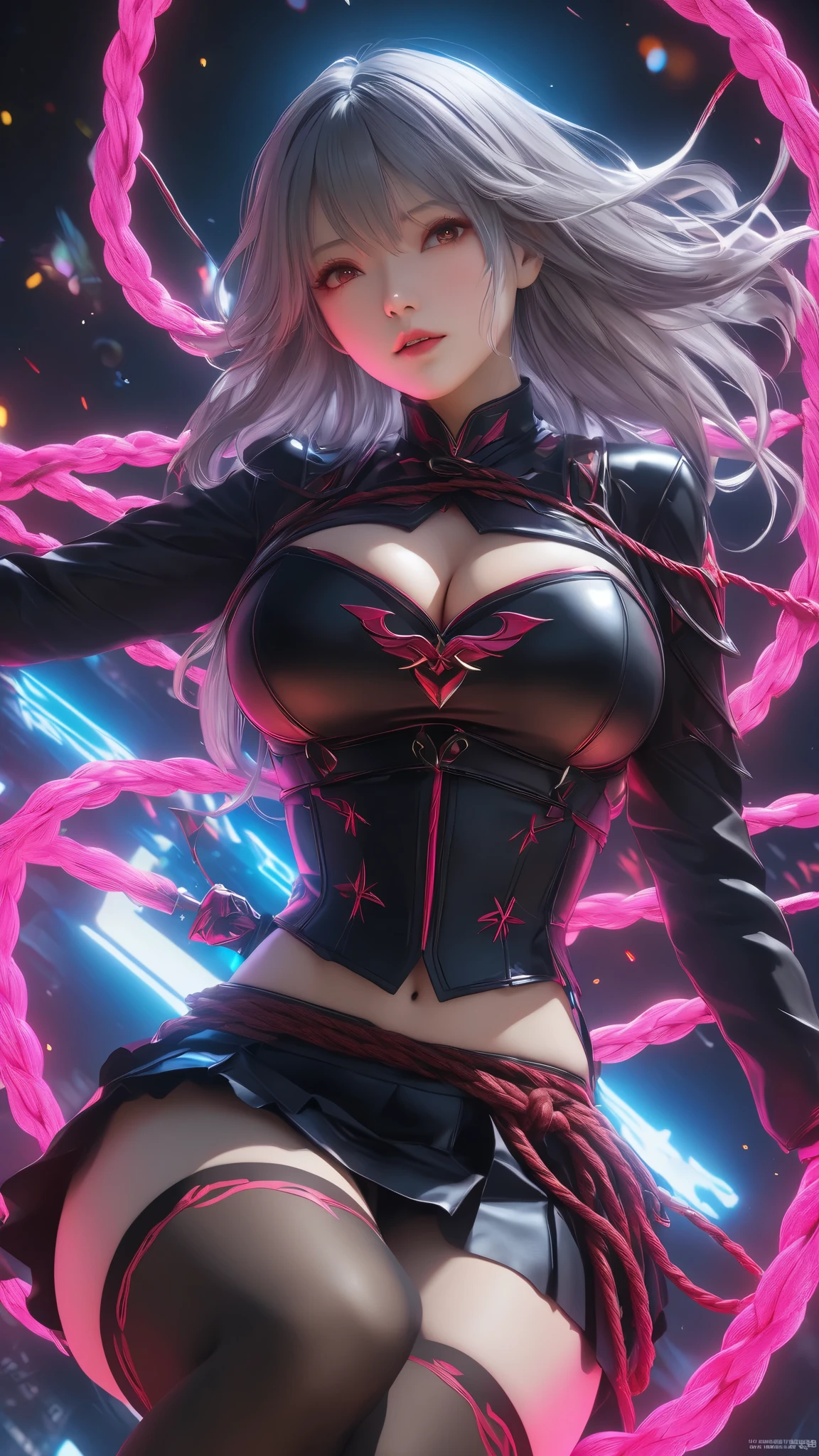 woman、Fusion with Eros, Tattered Armor:1.3、18+、Blood Moon, ray tracing , Masterpiece, top quality, Clothes Details , Absurd Details, best light on the side, sharp, sharp image, ultimate, Details, extremely Details, Hi-Res, 16k, 超 Hi-Res, Particle Effect , Beautiful Effects, vibrant colors, neon light on the side, neon , light on the side, close-up、 Super Big Breasts :1.8、 Long Sleeve、 skirt by humili、 stockings、 realistic textured face and skin、 HYPER DETAIL、 effect effect、Overhead shot、Unconventional、Illumination、Gray Hair、Realistic 3D CGI, realistic textured digital art、(BDSM、Binding、rope、 pee:1.5、 pee))、Pink's complementary colors、
