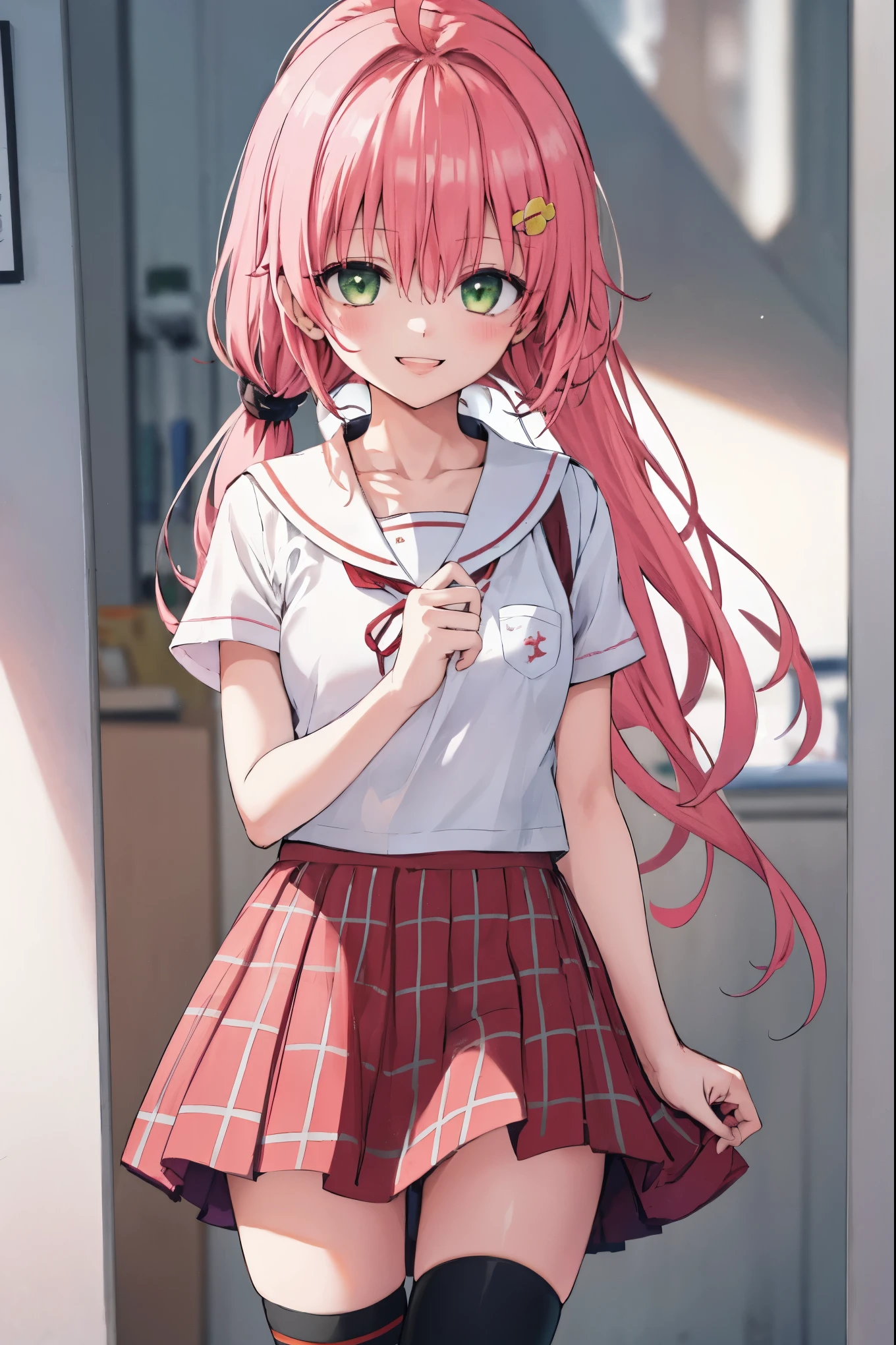 masterpiece, best quality, 1 girl, solo, MikoSchool, ahoge,pink_short_ponytail, hairclip, , white shirt, sailor_collar, pink_skirt, plaid, thighhighs, short sleeves, looking through legs,smile,teeth,