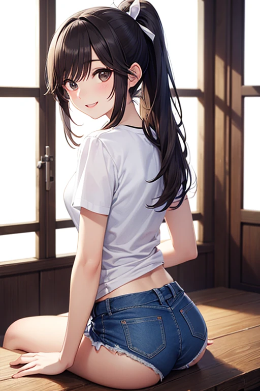 best quality, 1girl, masterpiece ultra detailed, illustration, glossy lips, indoors, standing, (short shorts, micro_shorts, tank top), light smile, looking back at viewer