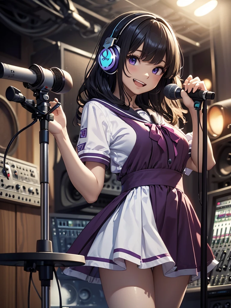 (A superb exquisite Chitanda Eru), (mature face), intricate details, (finely detailed beautiful eyes: 1.2), purple eyes, long black hair, natural straight hair, straight bangs, solo, [Small_breasts: large_breasts: 0.5], extremely delicate, peerless beautiful girl, dreamy quality, solid color, bright lips, slender waist, straight curves, soft lights and shadows, super fine, 8K HD, (masterpiece:1.4), (((erotic look, recording studio, headphones, singing, skirt, collant)))