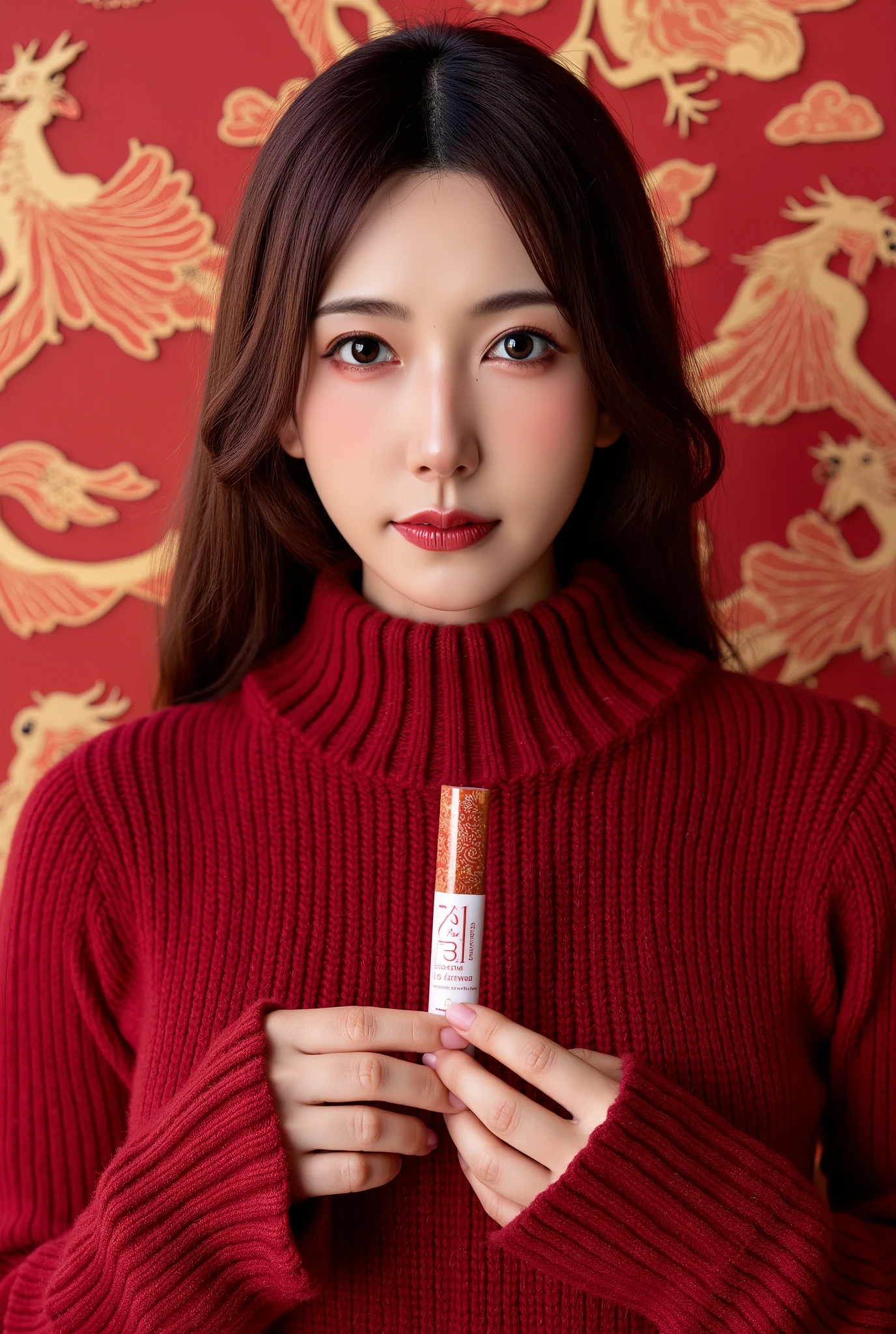 A model with long dark hair,dressed in a cozy red sweater,holding a tube of shimmering lip gloss with a red and gold design. The background is adorned with red papercut dragons and phoenixes,symbolizing power and beauty.