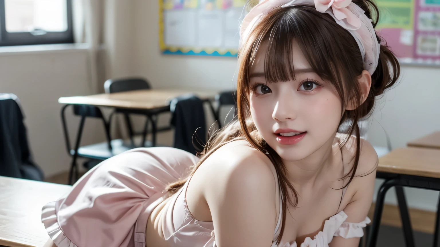 Valentine's Day, in a classroom, cute and vivid decorations on the walls, sunshine, school uniform, get to feed a nice and big chocolate cake, wearing pink warm fluffy gothic lolita fashion, mouth wide open, pampered expression, winking, lovey-dovey, pastel pink and white hair, pompadour hairstyle, twisted bangs, hair is shaggy and dishevelled, glamorous figure, exposed shoulder, leaning forward, beautiful white-colored translucent skin, vivid makeup, {photorealistic}, {4K resolution}, {cinematic}, {dramatic}