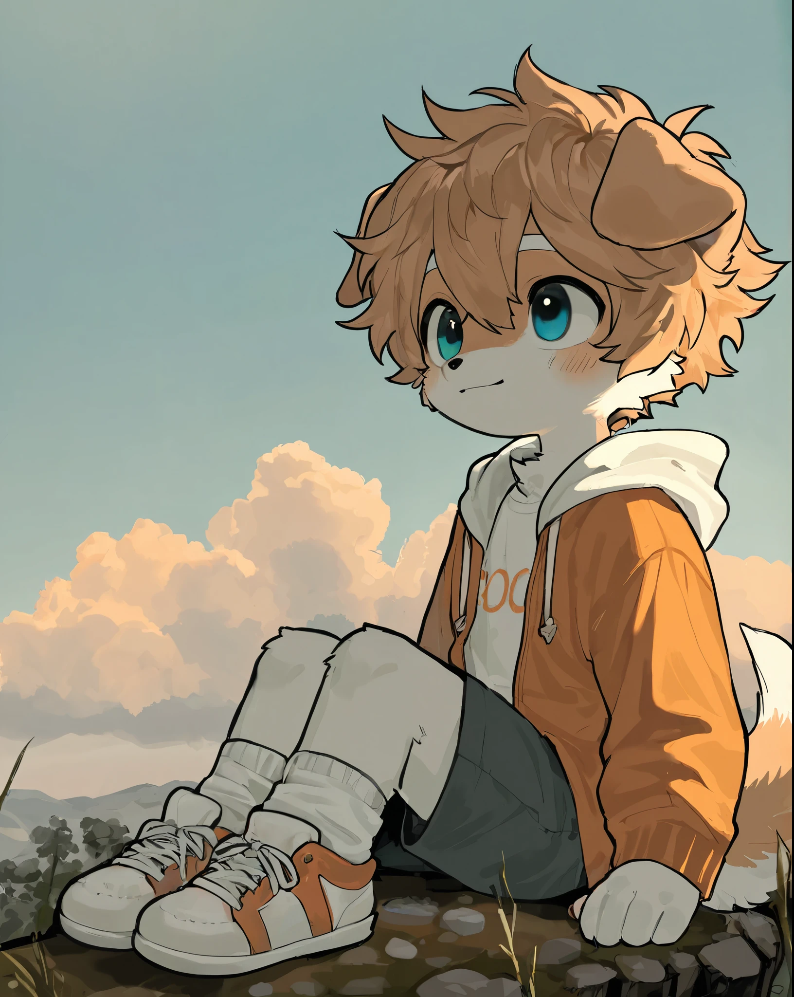 Boys,15 years old,The figure is slightly plump,Pink hair dog,Wear a light pink loose sweatshirt,Wear white briefs, No shoes,Wearing plain white socks,Sitting on the guardrail on the roof of the school,Looking at the sky outside the fence,It was drizzling,Boys have strong sexual desire, (Delicate eyes and delicate face) , blush , (Perfect anatomical structure),Ambiguous expression,Cute face