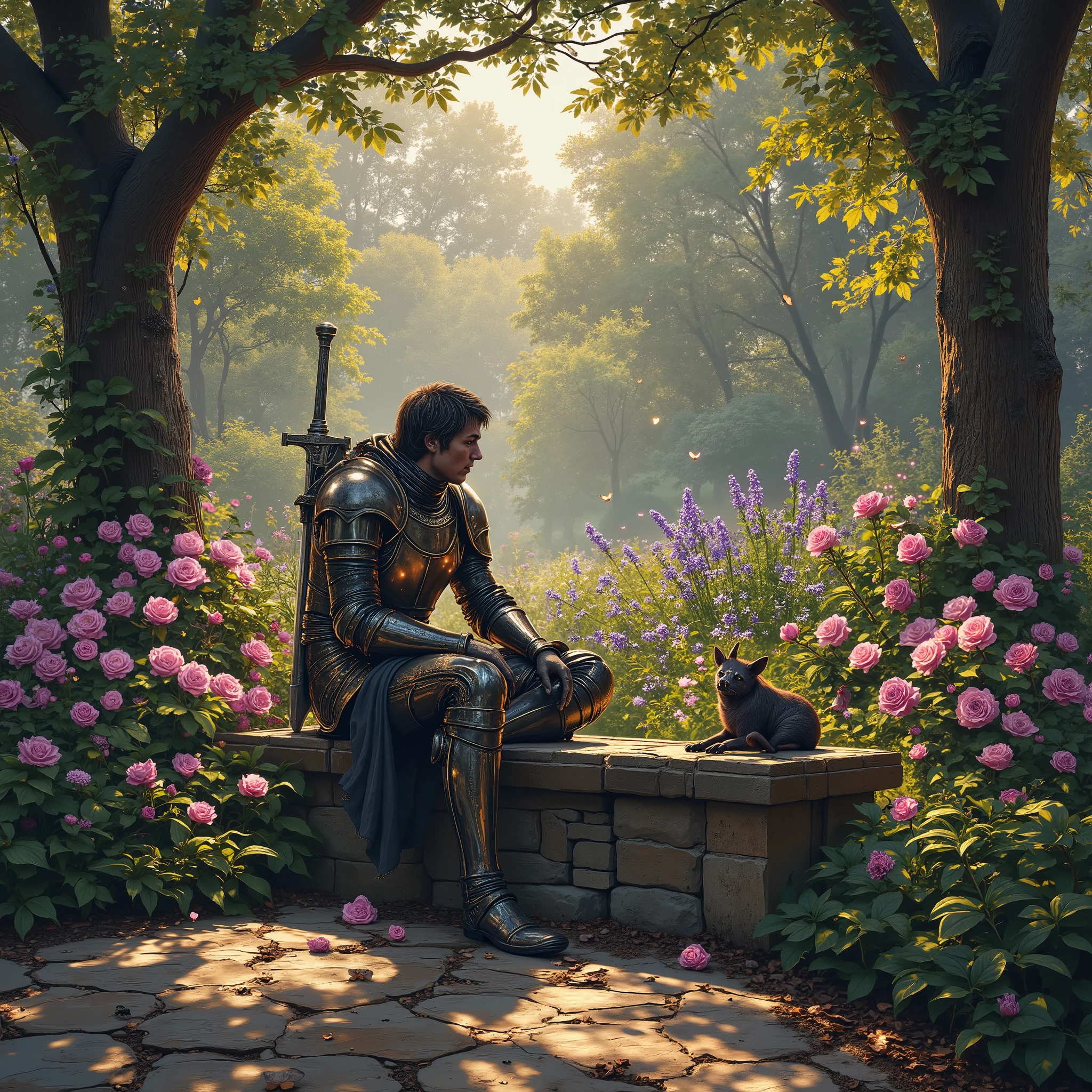 Create a hyper-detailed, atmospheric digital painting of a Dark Souls warrior resting in a serene garden after victory. The warrior wears iconic Elite Knight armor (resembling Artorias or Oscar), heavily battered and scratched from battle. He sits calmly on a weathered stone bench in a lush, sunlit garden bursting with vibrant flowers (peonies, roses, and lavender) and overgrown ivy. Soft golden sunlight filters through the trees, casting dappled shadows.Beside him sits a loyal pet—a small armored wolf or dragon hatchling—curled up asleep. The scene contrasts war and peace: his sword and shield lie discarded nearby, bloodied but unused, while butterflies flutter around him. The style should blend dark fantasy realism with a touch of Renaissance painting lighting, evoking triumph, melancholy, and quiet serenity.