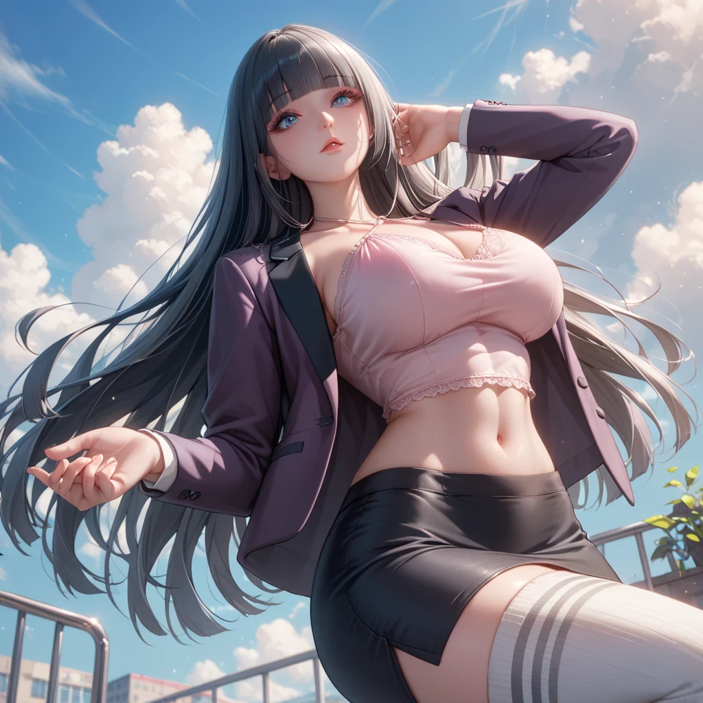 huge breasts,mock neck top,tank top,black shirt, tight shirt, Sleeveless,masterpiece, best quality, highly quality ,Aya-Natsume-KJ, very long hair, sky, day, pants, cloud, underboob, from below, denim, jeans, unzipped, open fly , (photorealistic:1.2) , ahoge,((pubic hair))