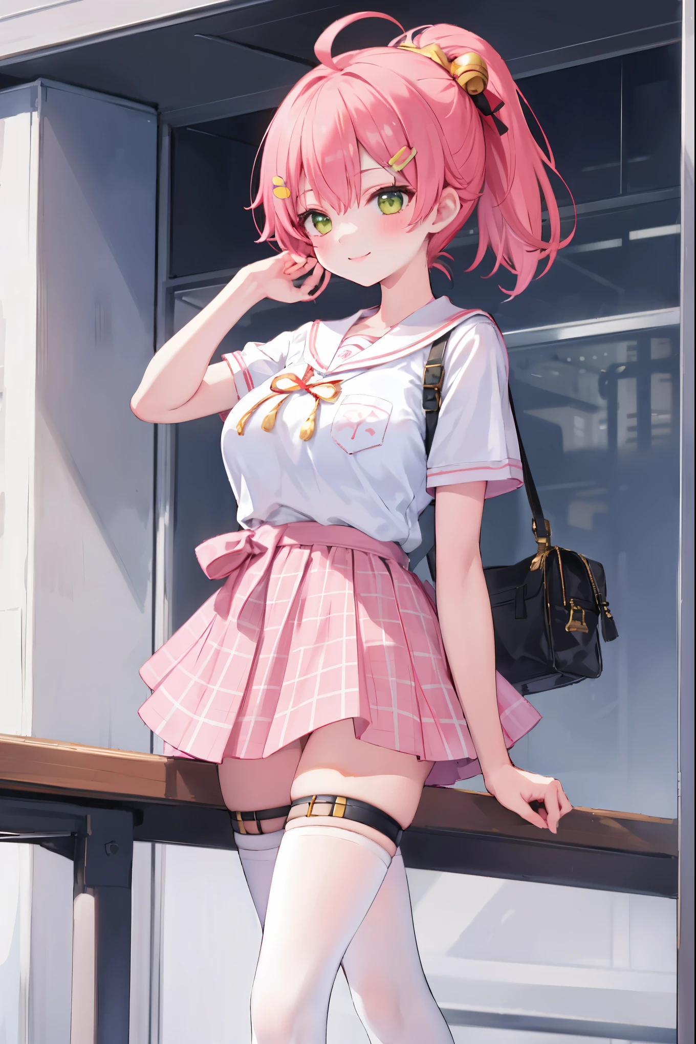 masterpiece, best quality, 1 girl, solo, MikoSchool, ahoge,pink_short_ponytail, hairclip, , white shirt, sailor_collar, pink_skirt, plaid, thighhighs, short sleeves, looking through legs,smile,large_breasts,