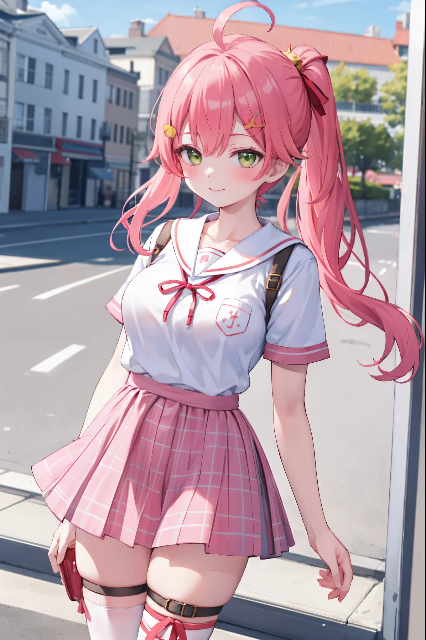 masterpiece, best quality, 1 girl, solo, MikoSchool, ahoge,pink_short_ponytail, hairclip, , white shirt, sailor_collar, pink_skirt, plaid, thighhighs, short sleeves, looking through legs,smile,large_breasts,