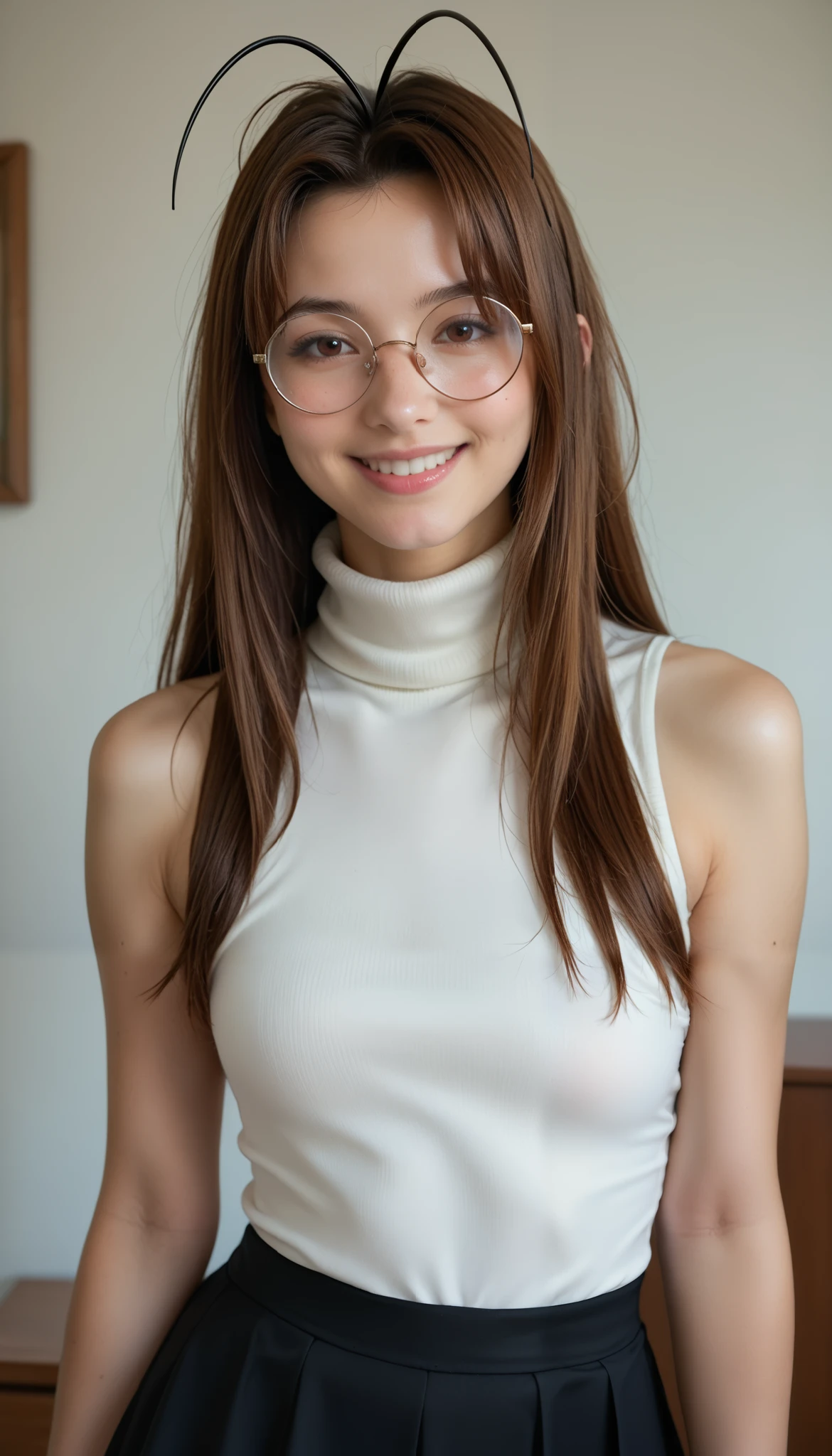 narunarusegawa, naru narusegawa, long hair, brown hair, antenna hair, realistic antenna hair, brown eyes, amazingly beautiful face, realistic japanese female face, light cosmetics, detailed face,
gothic girl outfit, black stockings, black skirt, sleeveless, black miniskirt, turtleneck, sleeveless turtleneck, round glasses
indoors,
looking at viewer, smiling, centered photo, UHD 16K RAW Photo, photorealistic, masterpiece, best quality